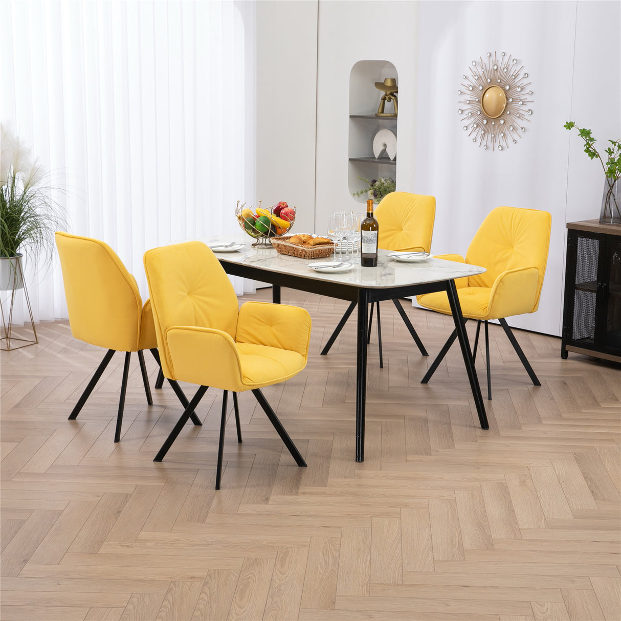 Lot de 4 chaises de salle à manger confortables en tissu jaune avec accoudoirs - CALF YELLOW 4PCS