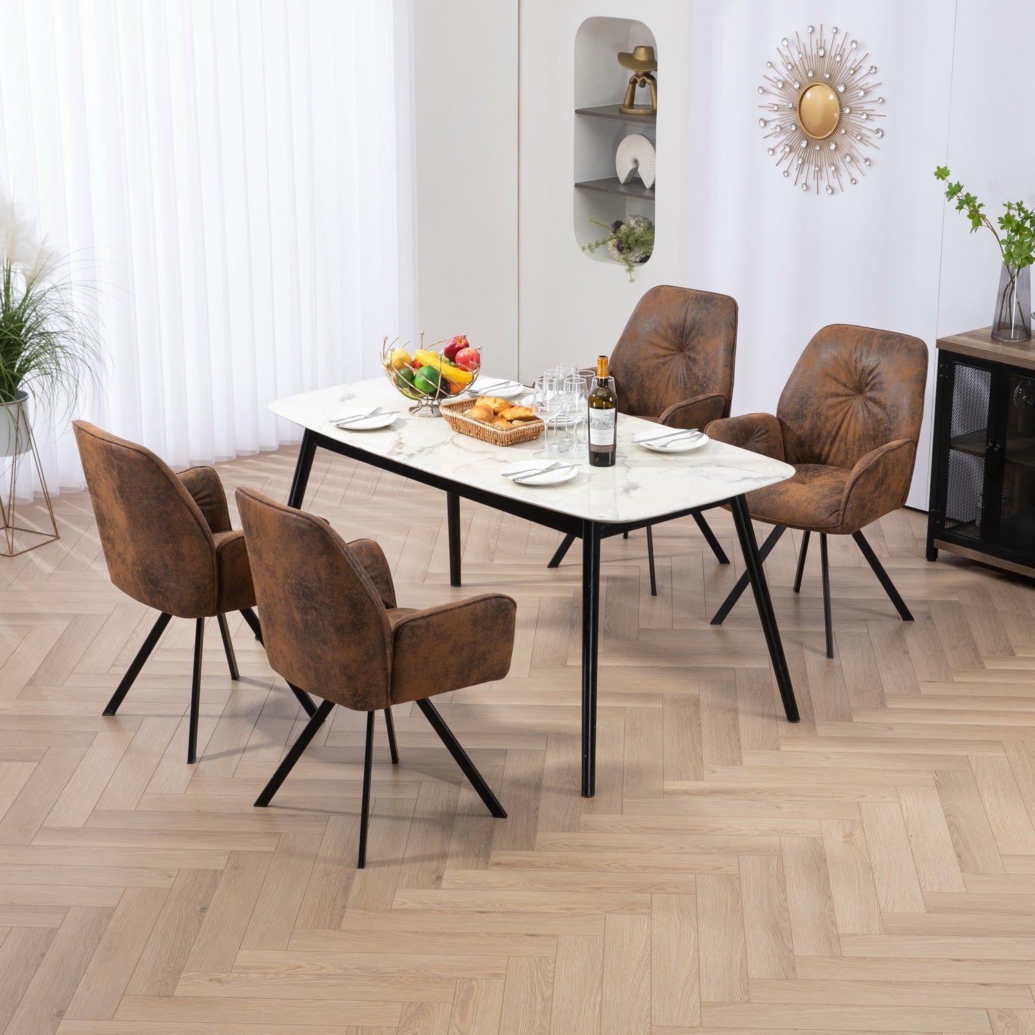 Set di 4 comode sedie da pranzo in pelle scamosciata con braccioli - CALF SUEDE MARRONE 4 PZ