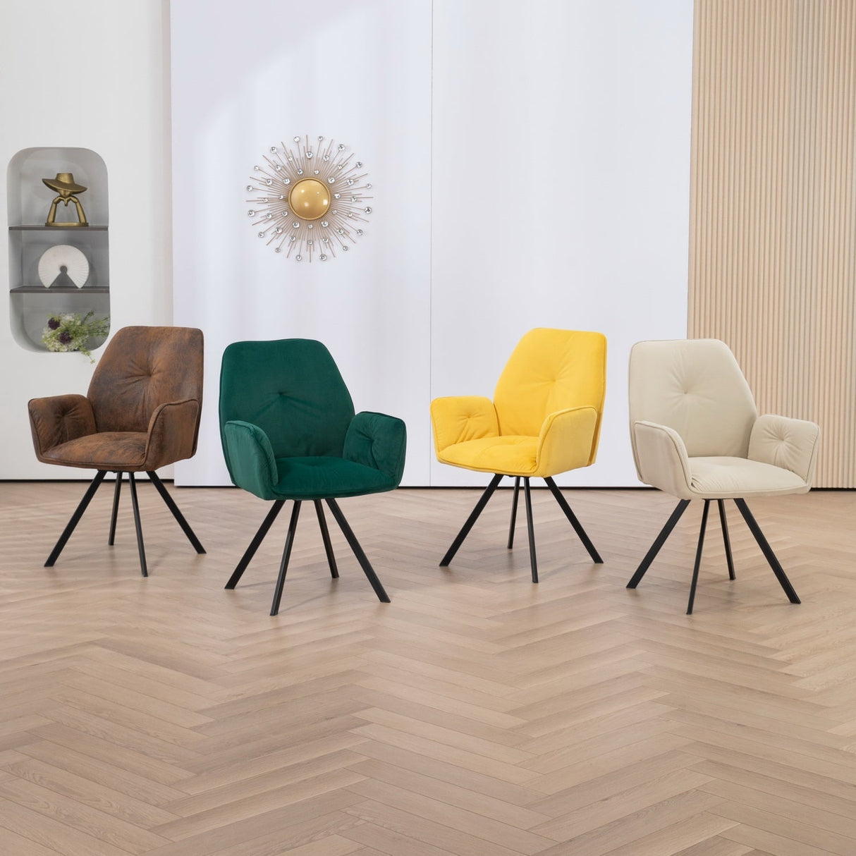 Ensemble de 6 chaises de salle à manger confortables en tissu jaune, vert et suédine avec accoudoirs - CALF SUEDE+GREEN+YELLOW