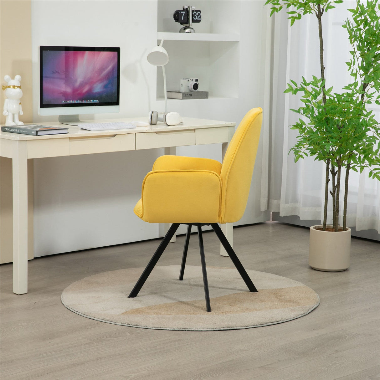 Lot de 4 chaises de salle à manger confortables en tissu jaune avec accoudoirs - CALF YELLOW 4PCS