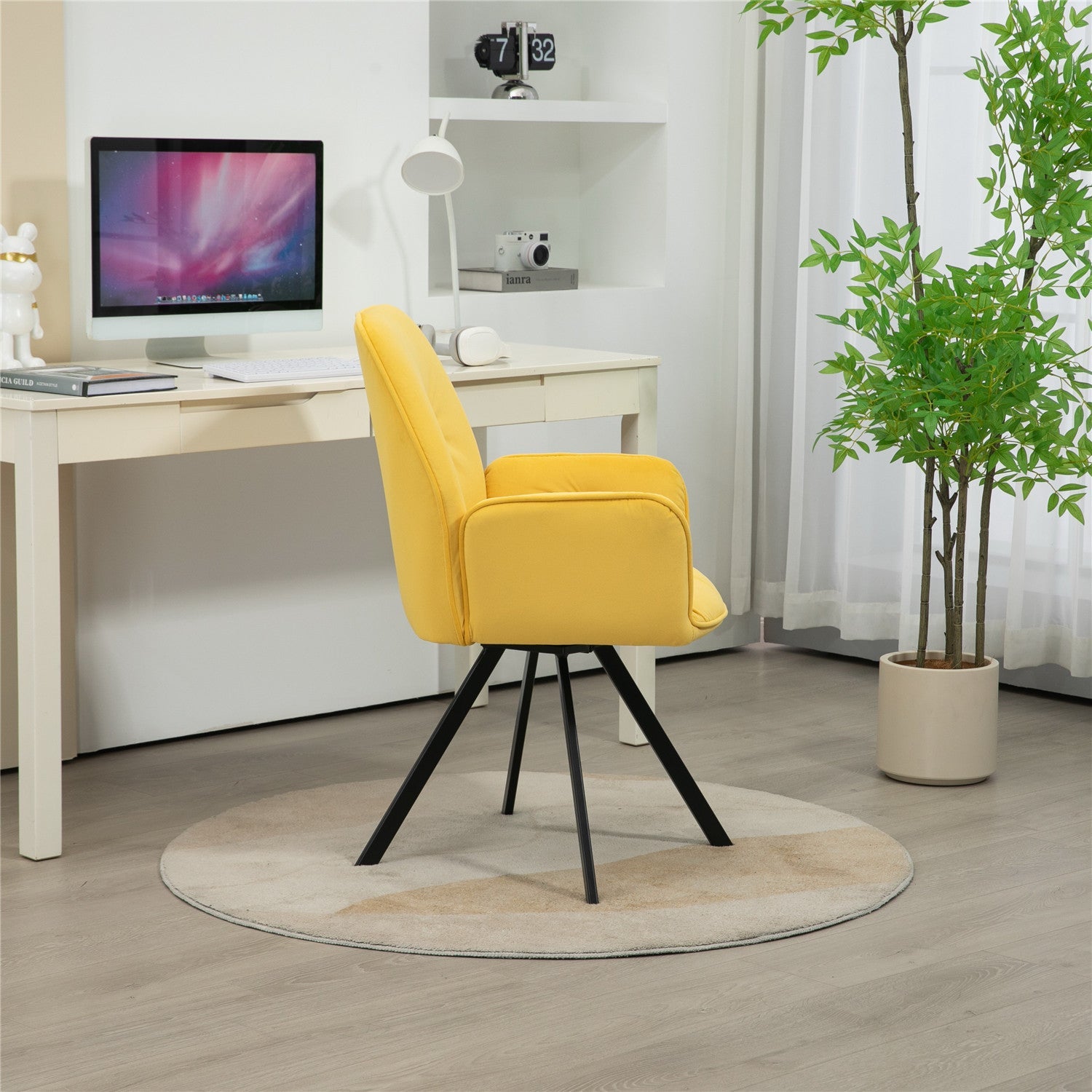 Juego de 4 cómodas sillas de comedor de tela amarilla con reposabrazos - CALF YELLOW 4PCS