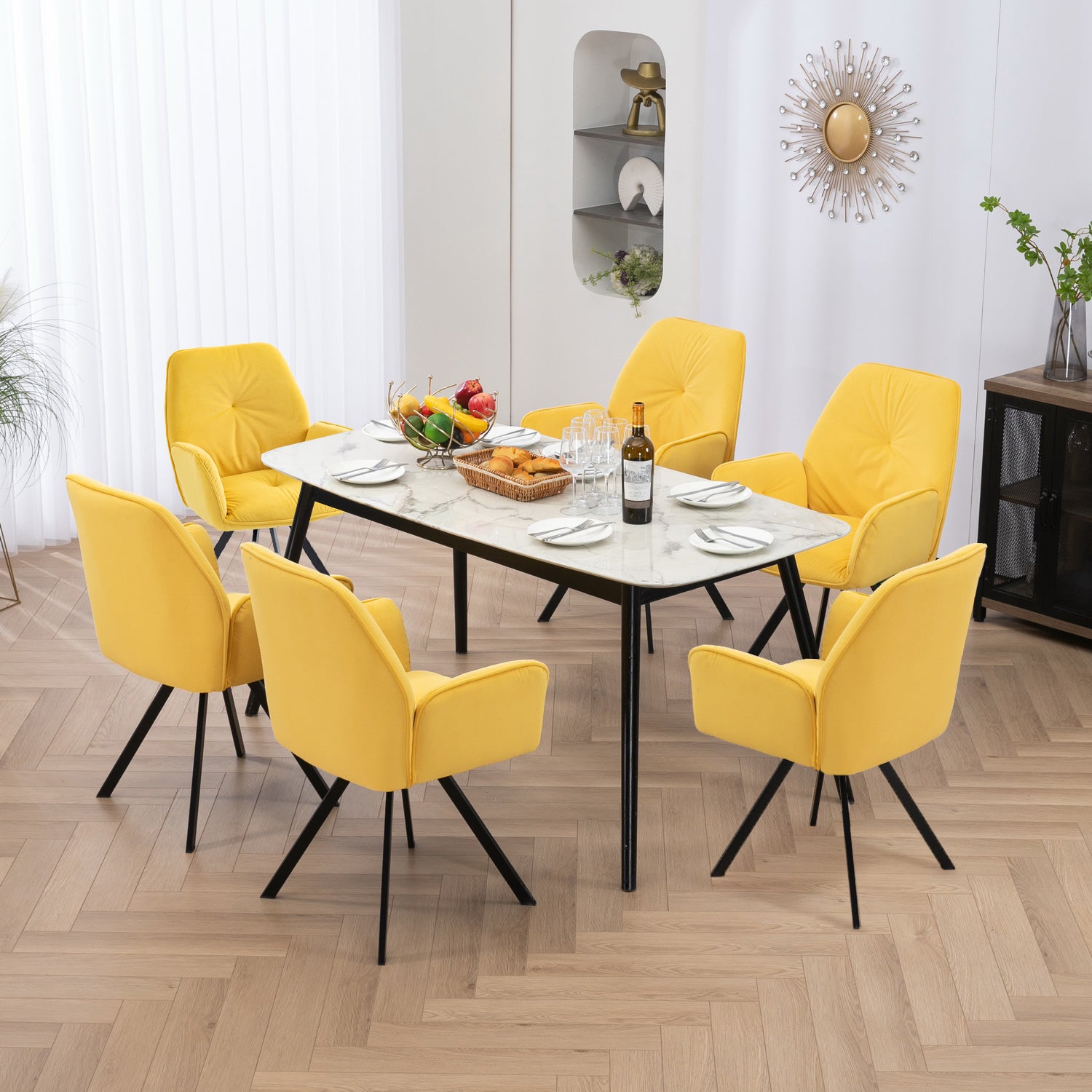 Set of 2 comfortable yellow fabric dining chairs with armrests - CALF YELLOW