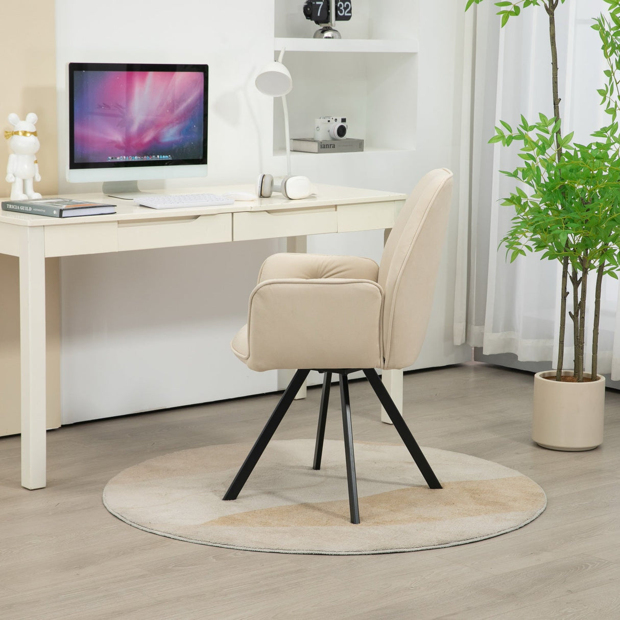 Juego de 4 Cómodas Sillas de Comedor de Tela Beige con Reposabrazos - CALF BEIGE 4PCS