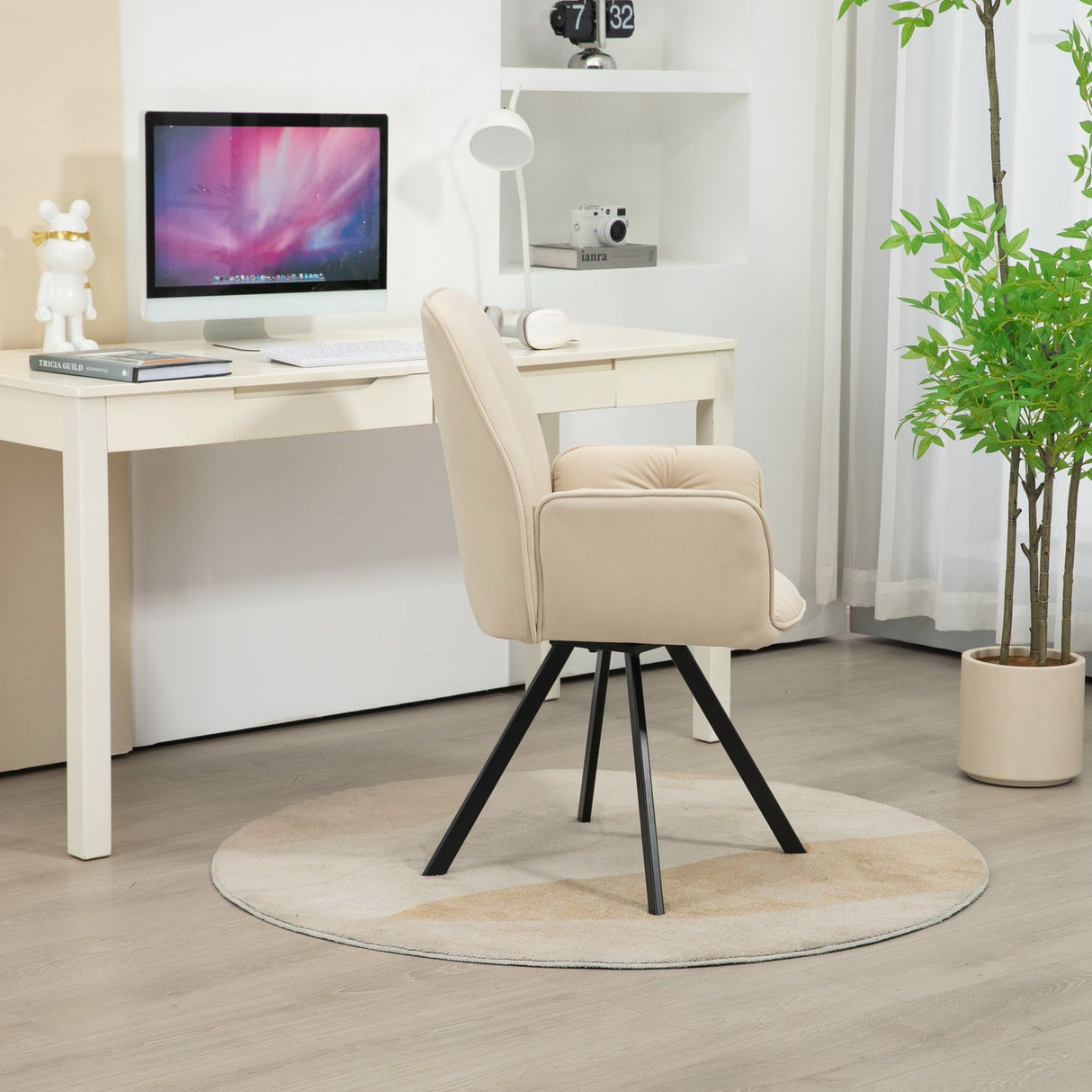 Juego de 4 Cómodas Sillas de Comedor de Tela Beige con Reposabrazos - CALF BEIGE 4PCS