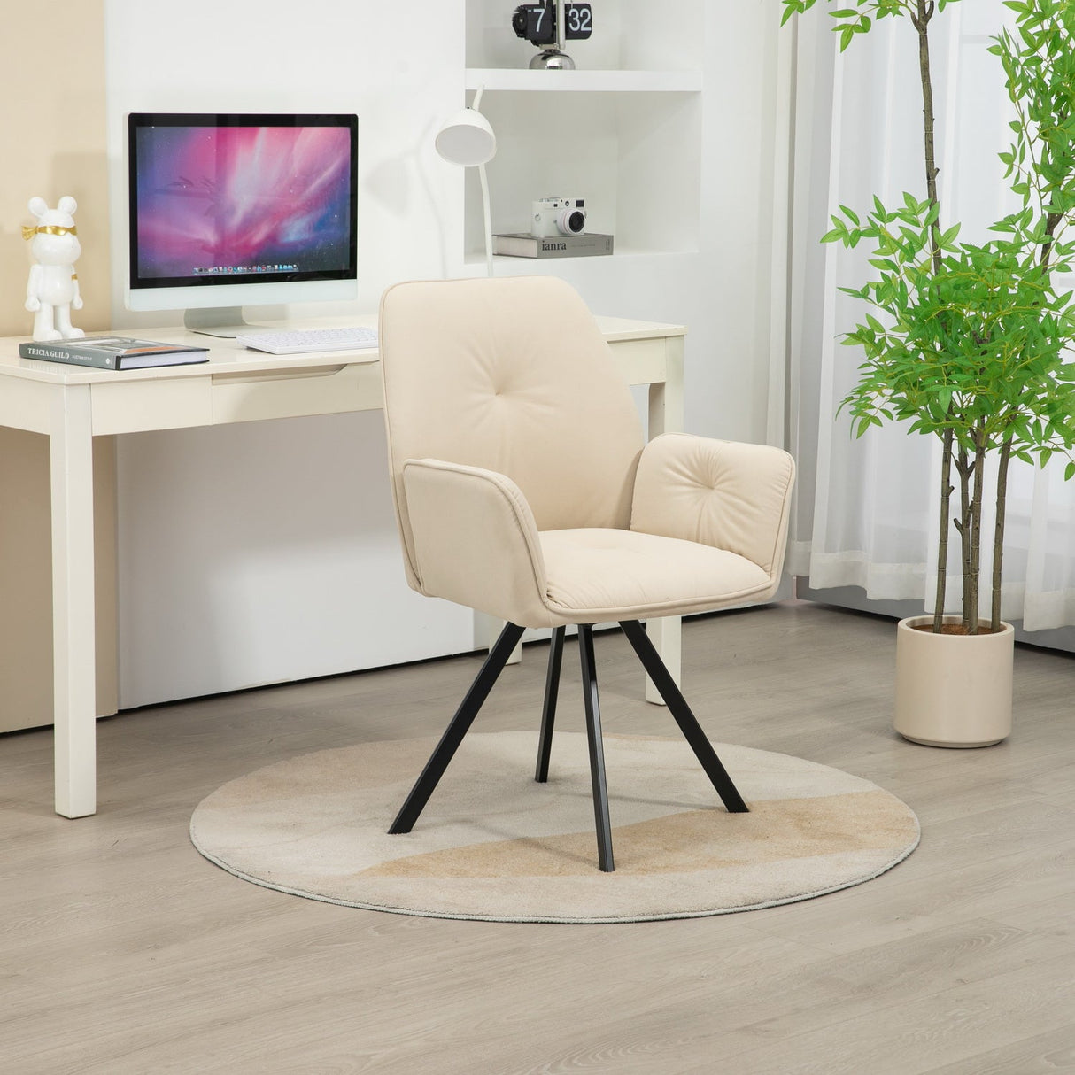 Juego de 4 Cómodas Sillas de Comedor de Tela Beige con Reposabrazos - CALF BEIGE 4PCS