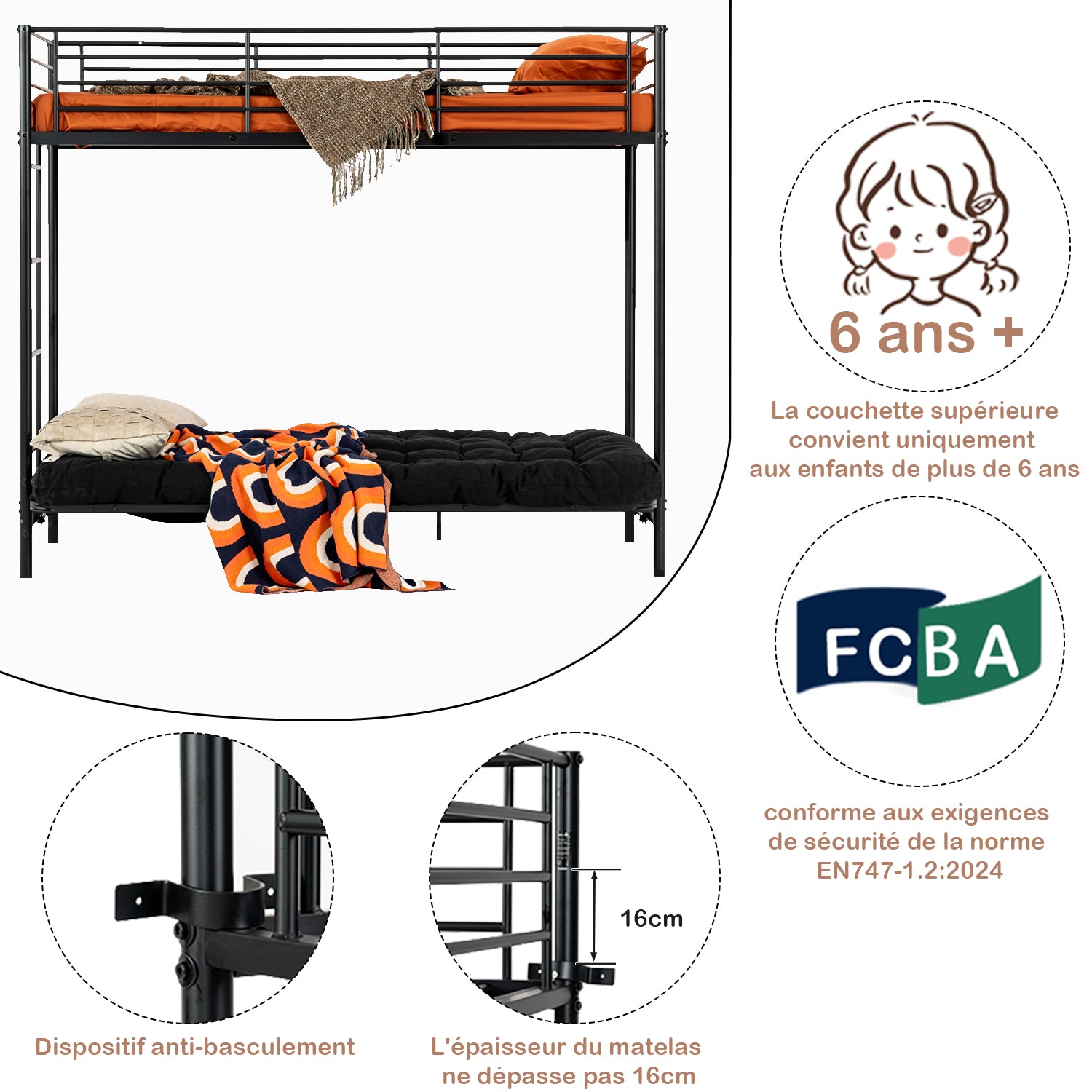 90x190cm bunk bed with convertible sofa bench and black metal slatted base (mattress not included) - LIBERTY