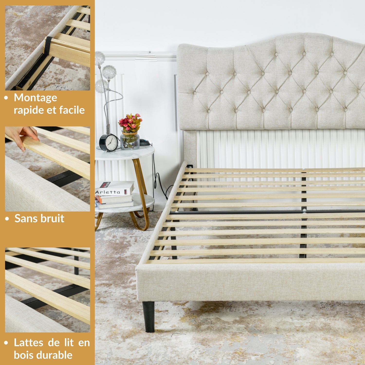 Lit double 2 places (140 x 190cm) avec tête de lit capitonnée en tissu beige, sommier à lattes en peuplier, (matelas non inclus) - LEON 140 BEIGE