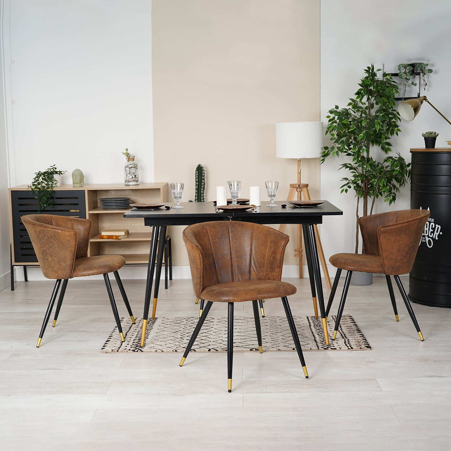 Retro industrial style dining room table, extendable in black MDF wood for 4 to 6 people, black and gold metal legs, WHALEN DARK WOOD STRETCH TABLE BG