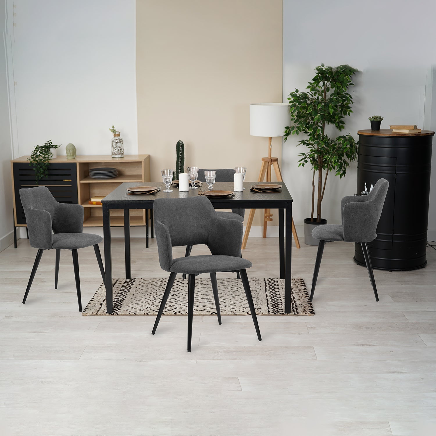 Juego de 2 sillones de comedor escandinavo con reposabrazos en tela gris - Akanji