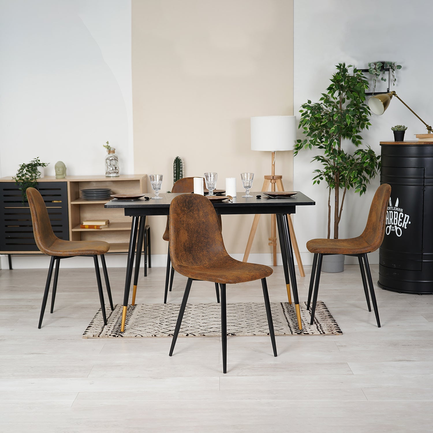 Retro industrial style dining room table, extendable in black MDF wood for 4 to 6 people, black and gold metal legs, WHALEN DARK WOOD STRETCH TABLE BG