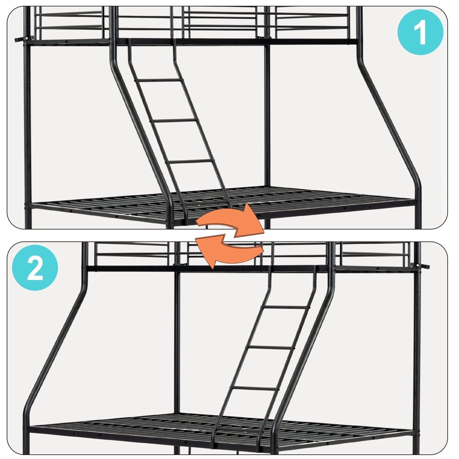 3-seater and 2-story bunk bed in black metal with ladder 140x190cm and 90x190cm (mattress not included) - JAZZ