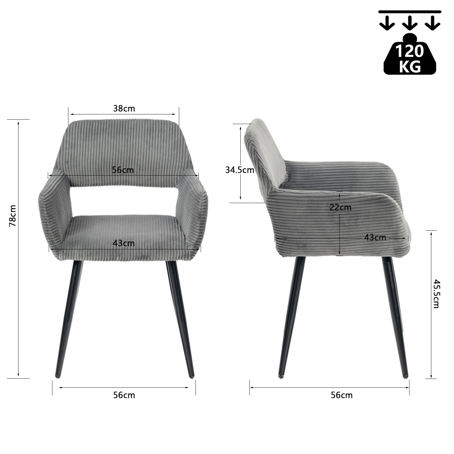 Lot de 2 fauteuils de salle à manger scandinaves avec accoudoirs en velours côtelé gris - CROMWELL CORDUROY