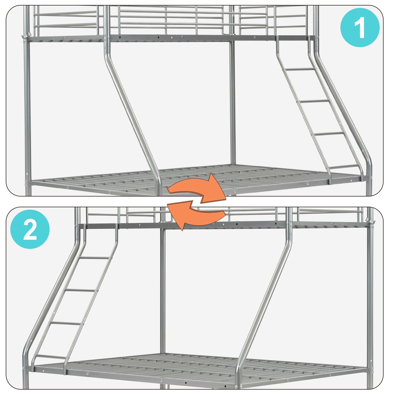 3-seater, 2-story bunk bed in silver metal with ladder 140x190cm and 90x190cm (mattress not included) - JAZZ