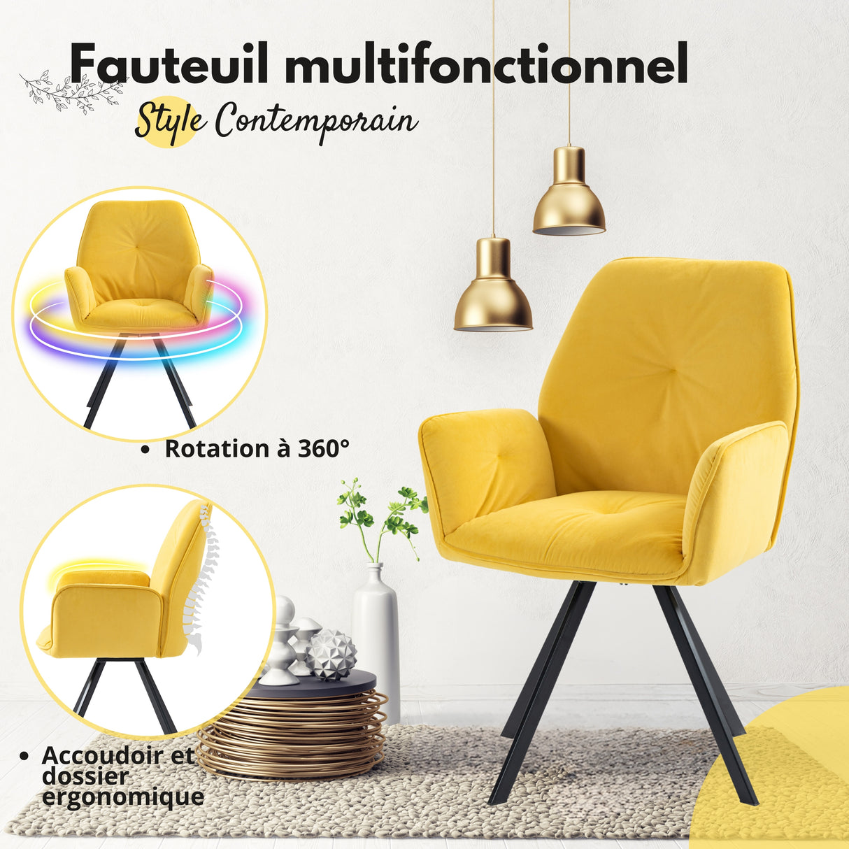 Lot de 2 chaises de salle à manger confortables en tissu jaune avec accoudoirs - CALF YELLOW