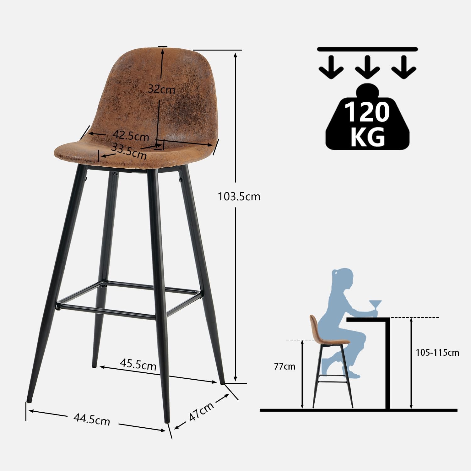 Juego de 4 taburetes de bar industriales con respaldo de ante - CHARLTON BAR