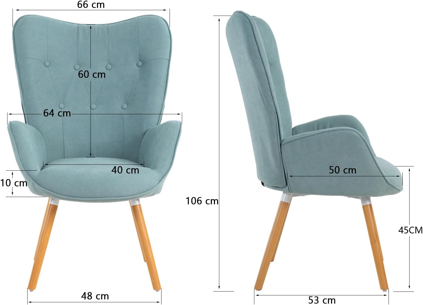 Fauteuil scandinave avec accoudoirs en tissu vert d'eau capitonné - KAS