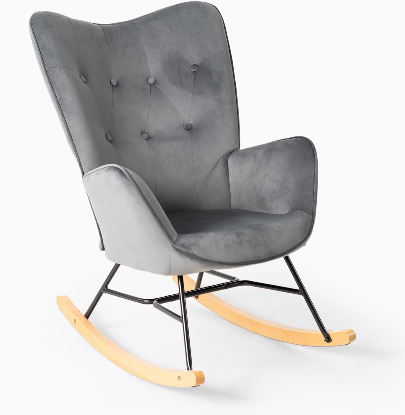 Fauteuil à bascule allaitement scandinave avec accoudoirs en velours gris capitonné - EPPING