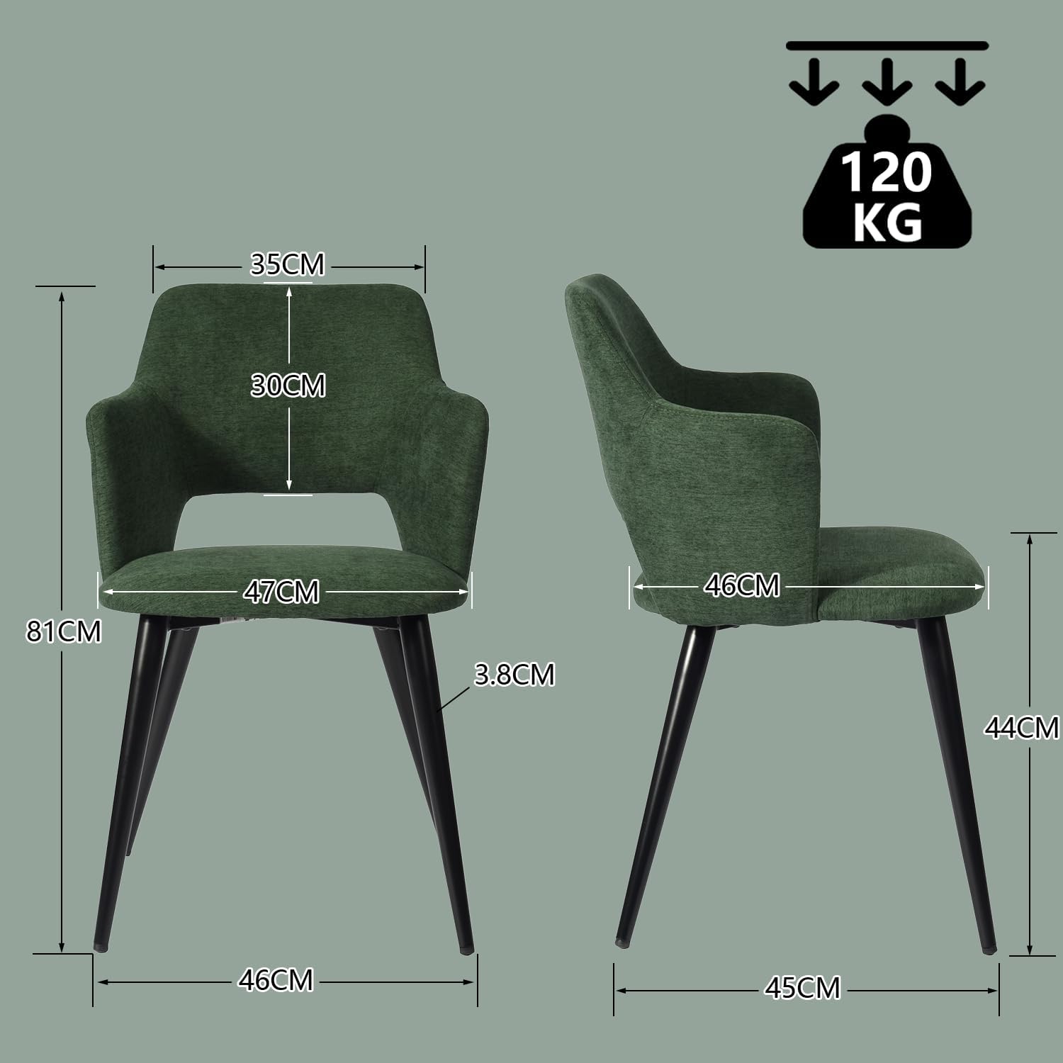 Lot de 2 fauteuils de salle à manger scandinaves avec accoudoirs en tissu vert - AKANJI