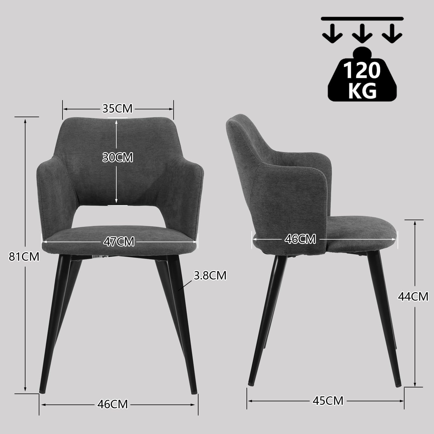 Set of 2 Scandinavian dining room armchairs with armrests in gray fabric - Akanji