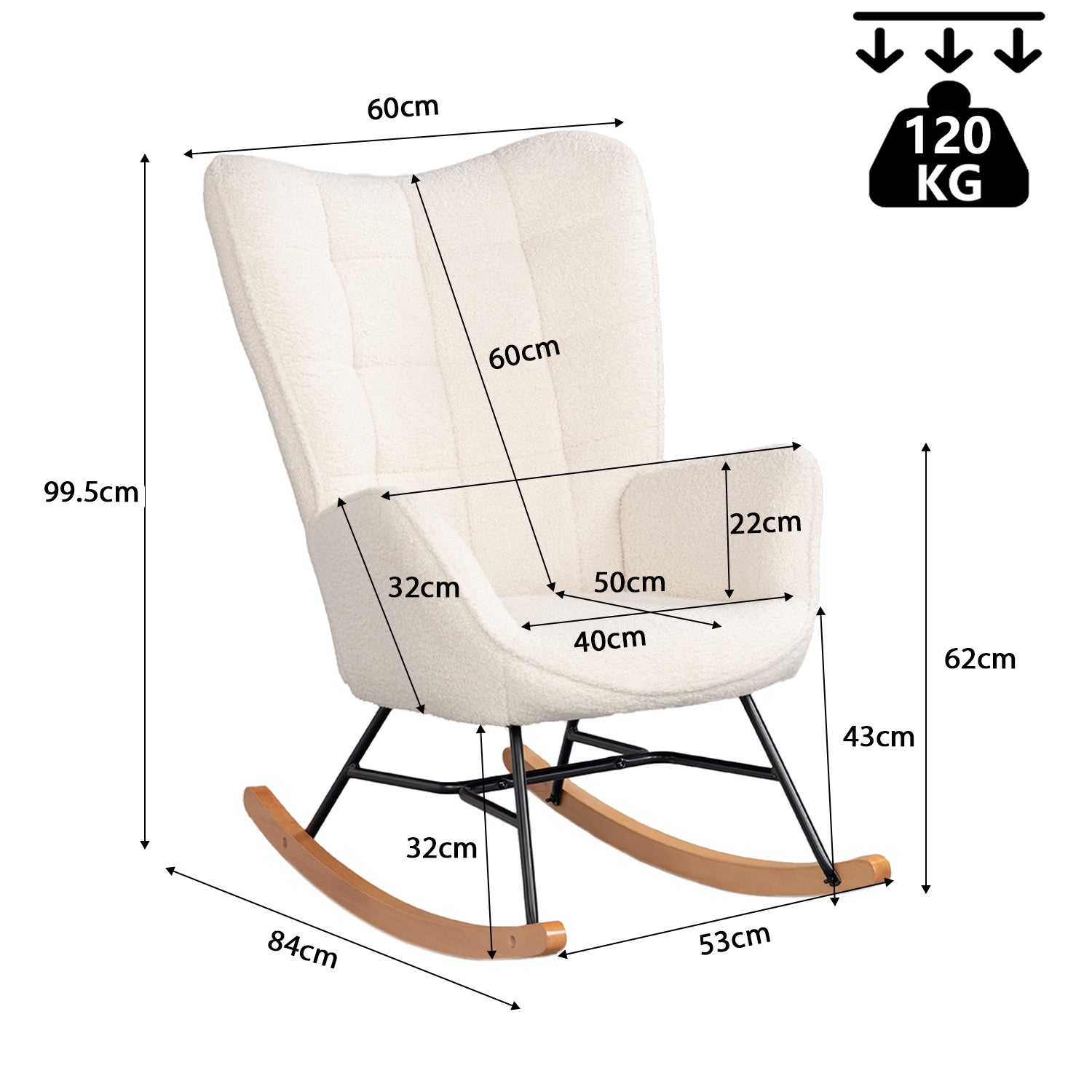 Fauteuil à bascule allaitement scandinave avec accoudoirs en tissu mouton boulette beige à surpiqûres - FUNKEL