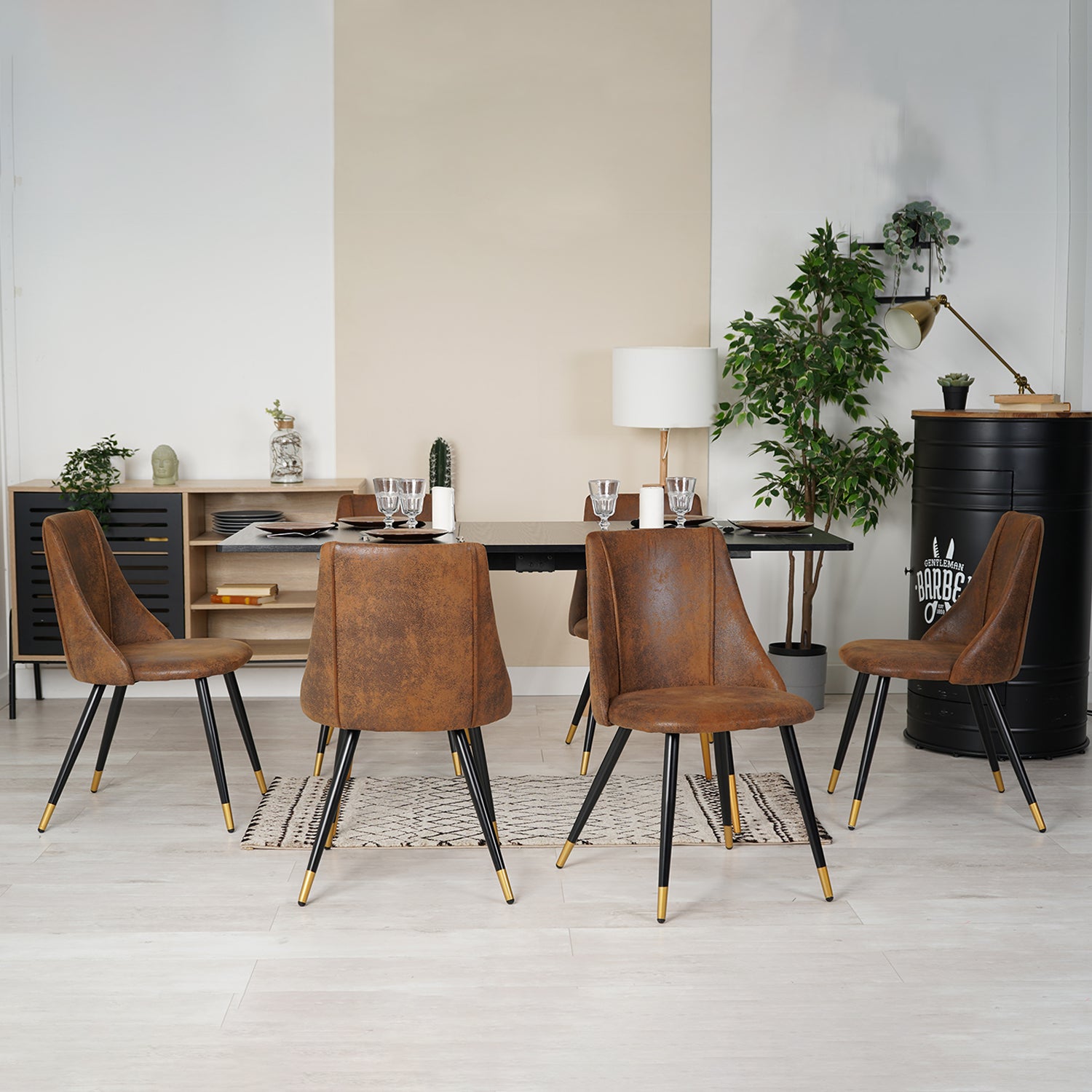 Retro industrial style dining room table, extendable in black MDF wood for 4 to 6 people, black and gold metal legs, WHALEN DARK WOOD STRETCH TABLE BG