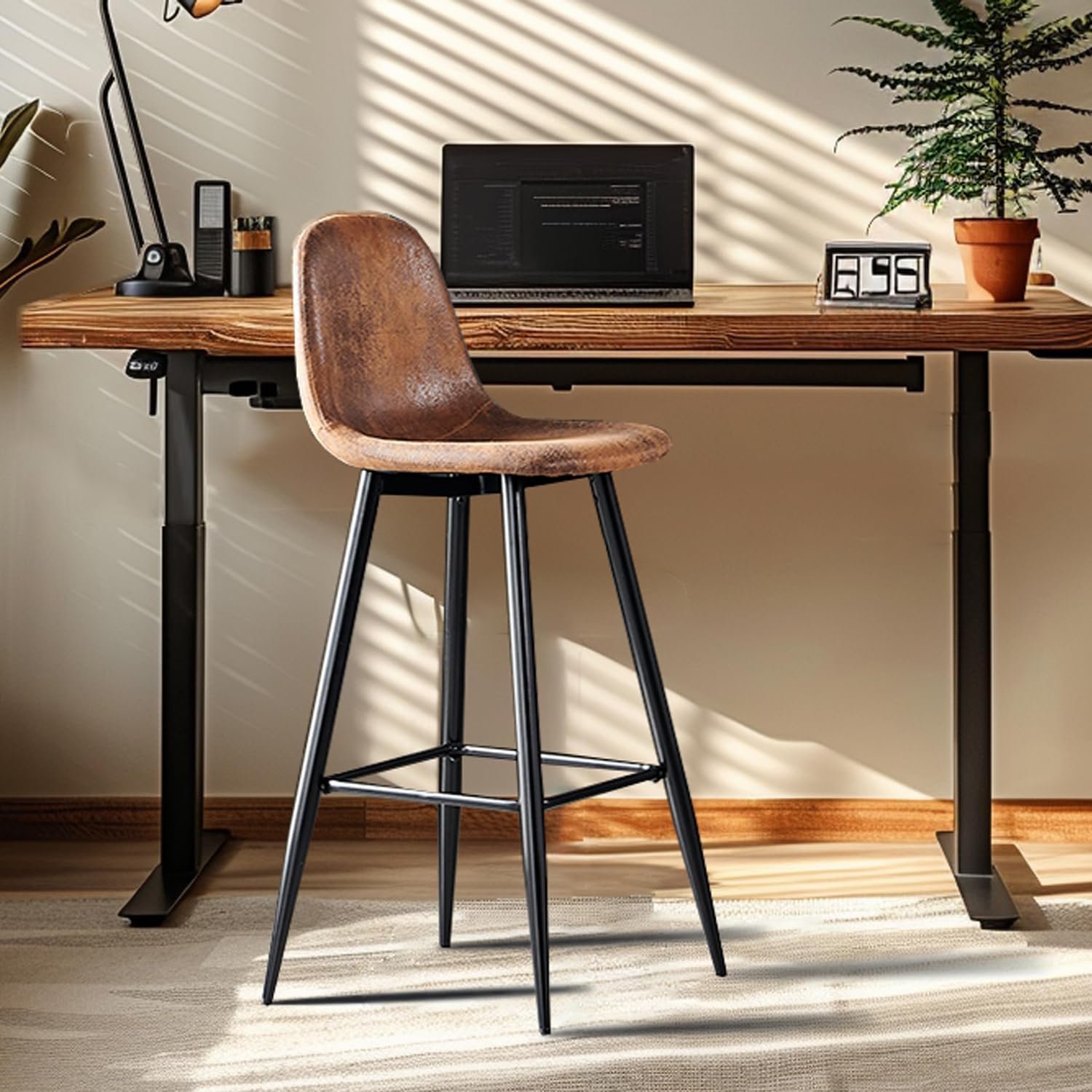 Set of 4 industrial bar stools with suede back - CHARLTON BAR