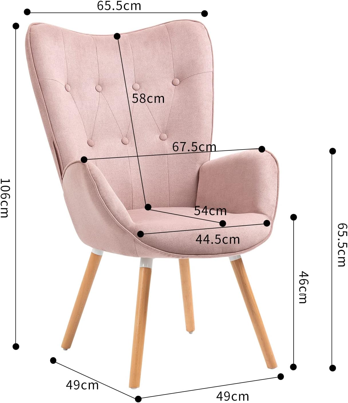 Scandinavian armchair with armrests in padded pink fabric - kas