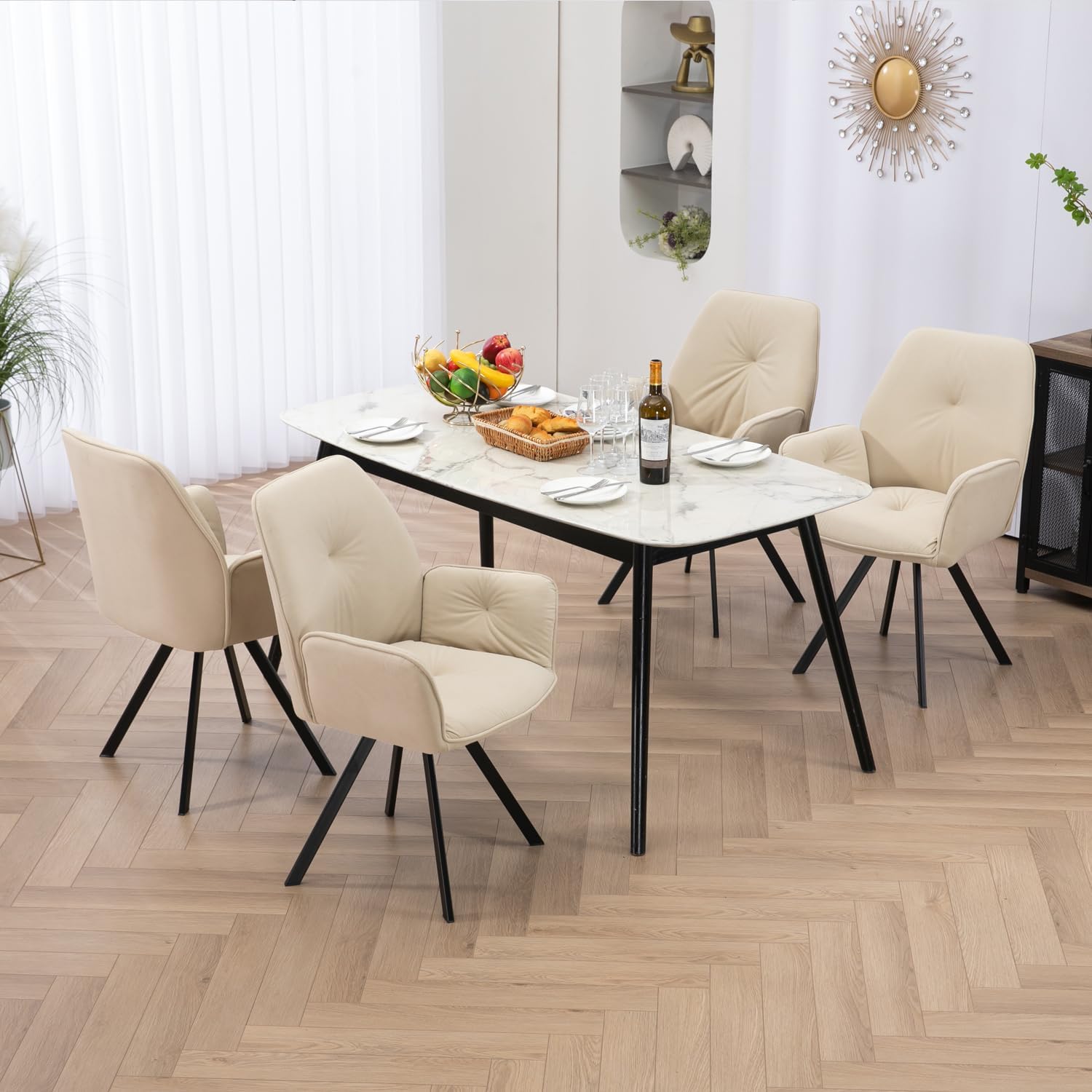 Lot de 2 chaises de salle à manger modernes pivotantes en tissu beige avec accoudoirs - CALF