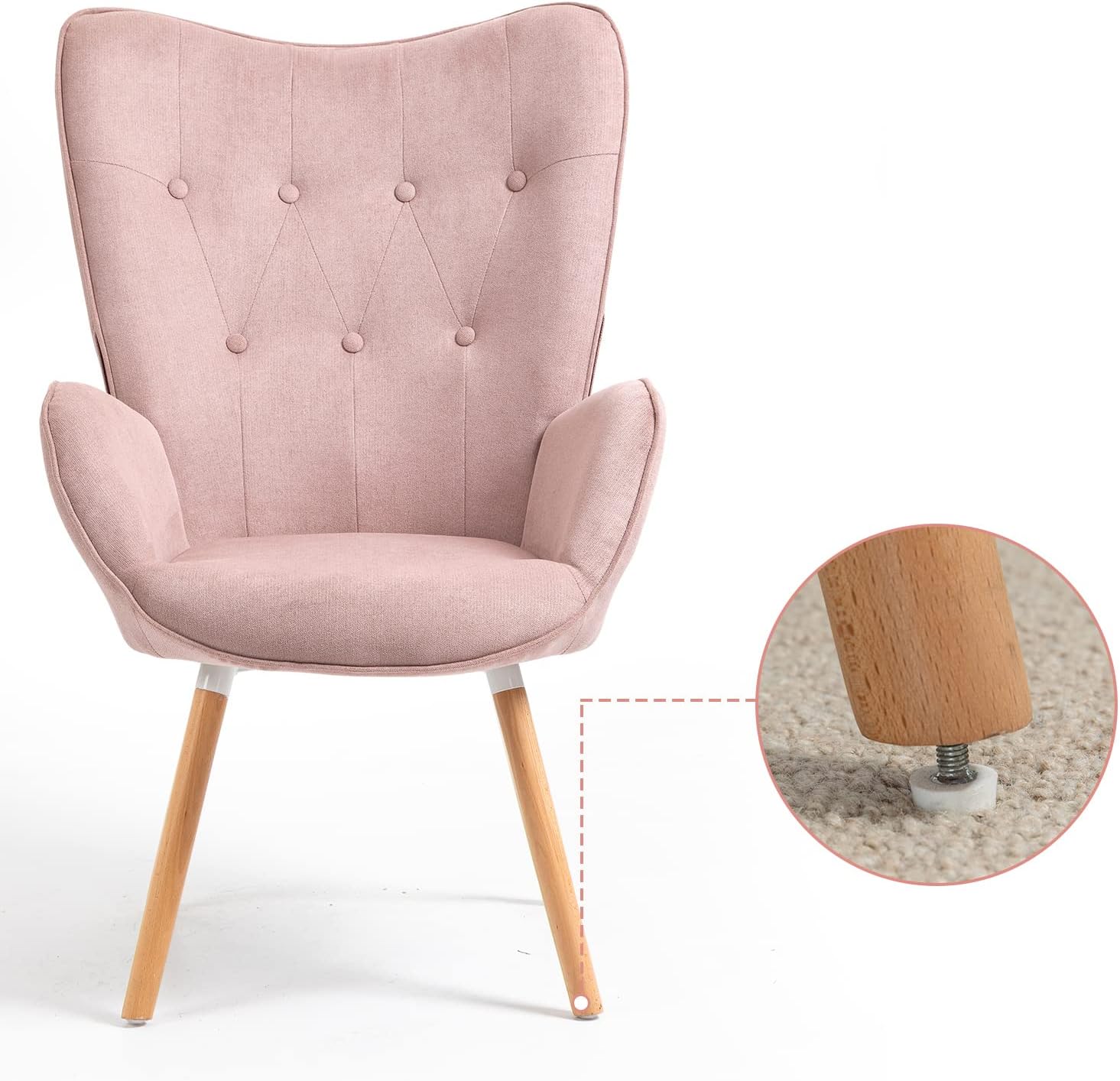 Sillón escandinavo con reposabrazos en tela rosa acolchada - kas