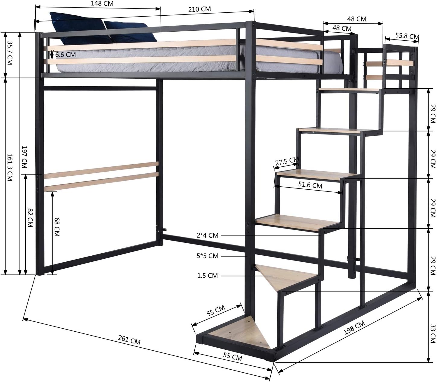 Letto soppalco 2 posti (140x200) con rete a doghe in stile industriale nero e legno (materasso non incluso) - UP