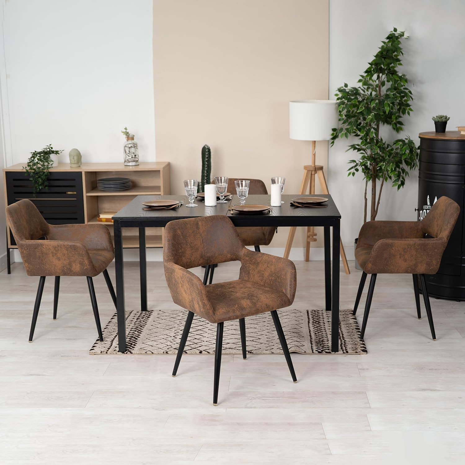 Conjunto de 6 sillones de comedor industriales con reposabrazos de ante - CROMWELL