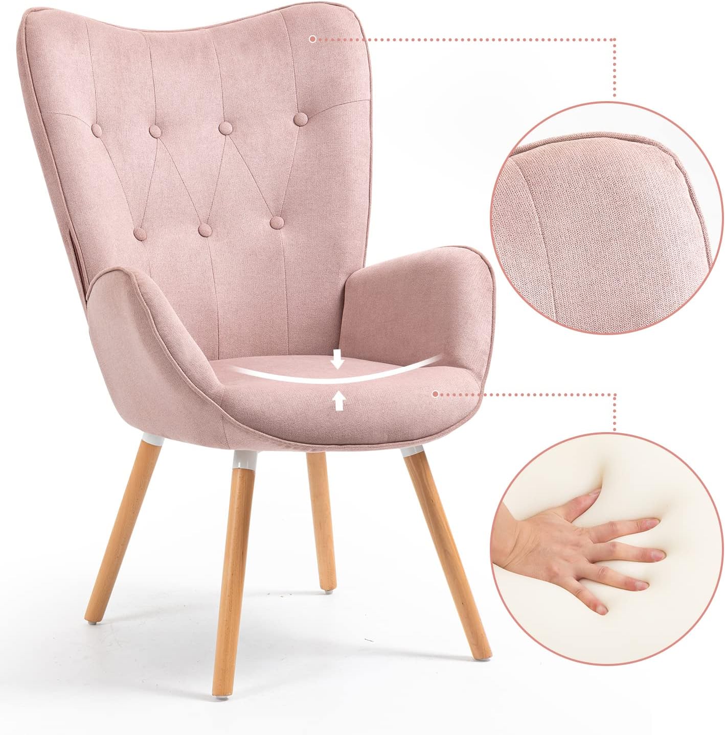 Fauteuil scandinave avec accoudoirs en tissu rose capitonné - KAS