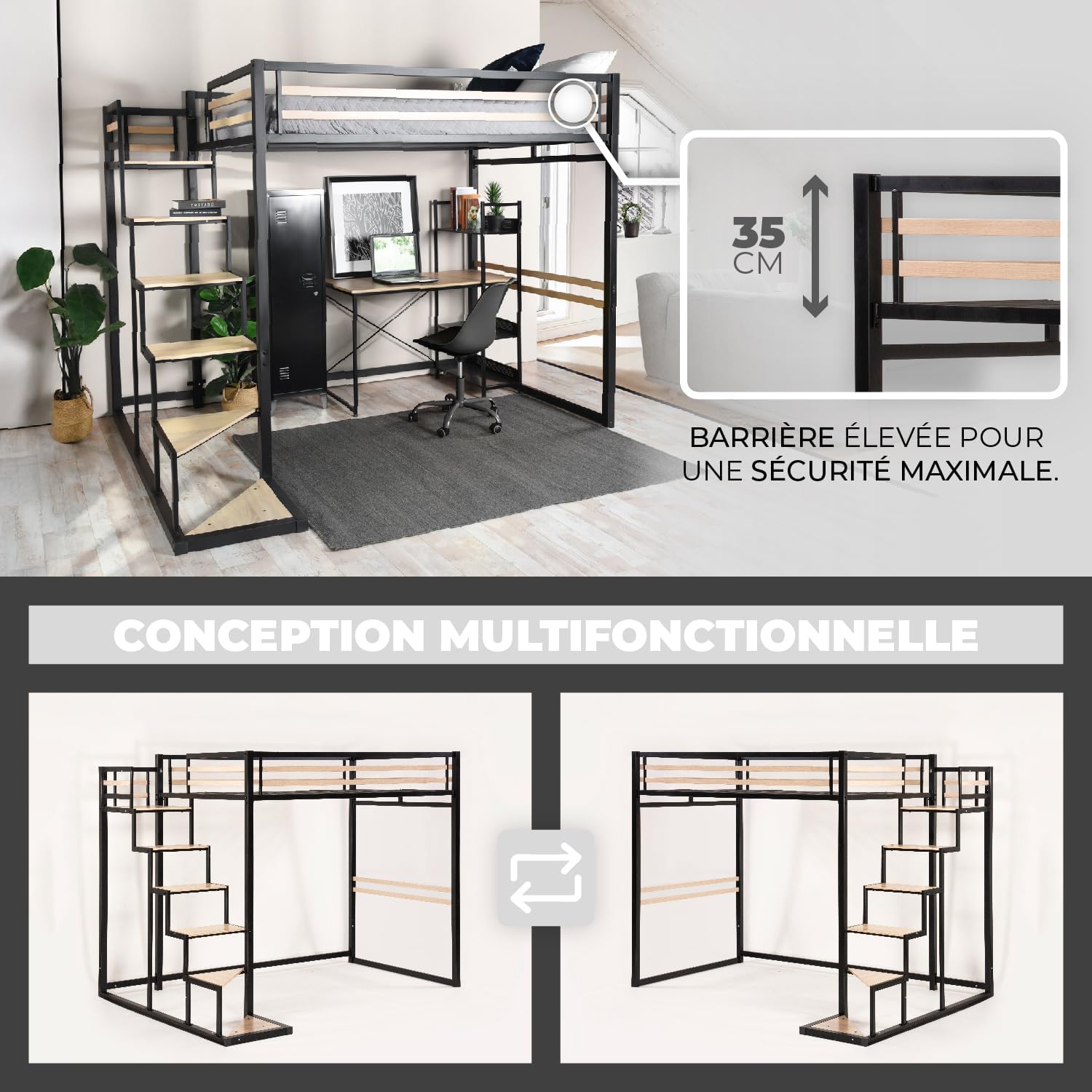 2-Sitzer-Mezzanine-Bett (140 x 200) mit Lattenrost im Industriestil aus Schwarz und Holz (Matratze nicht im Lieferumfang enthalten) – UP