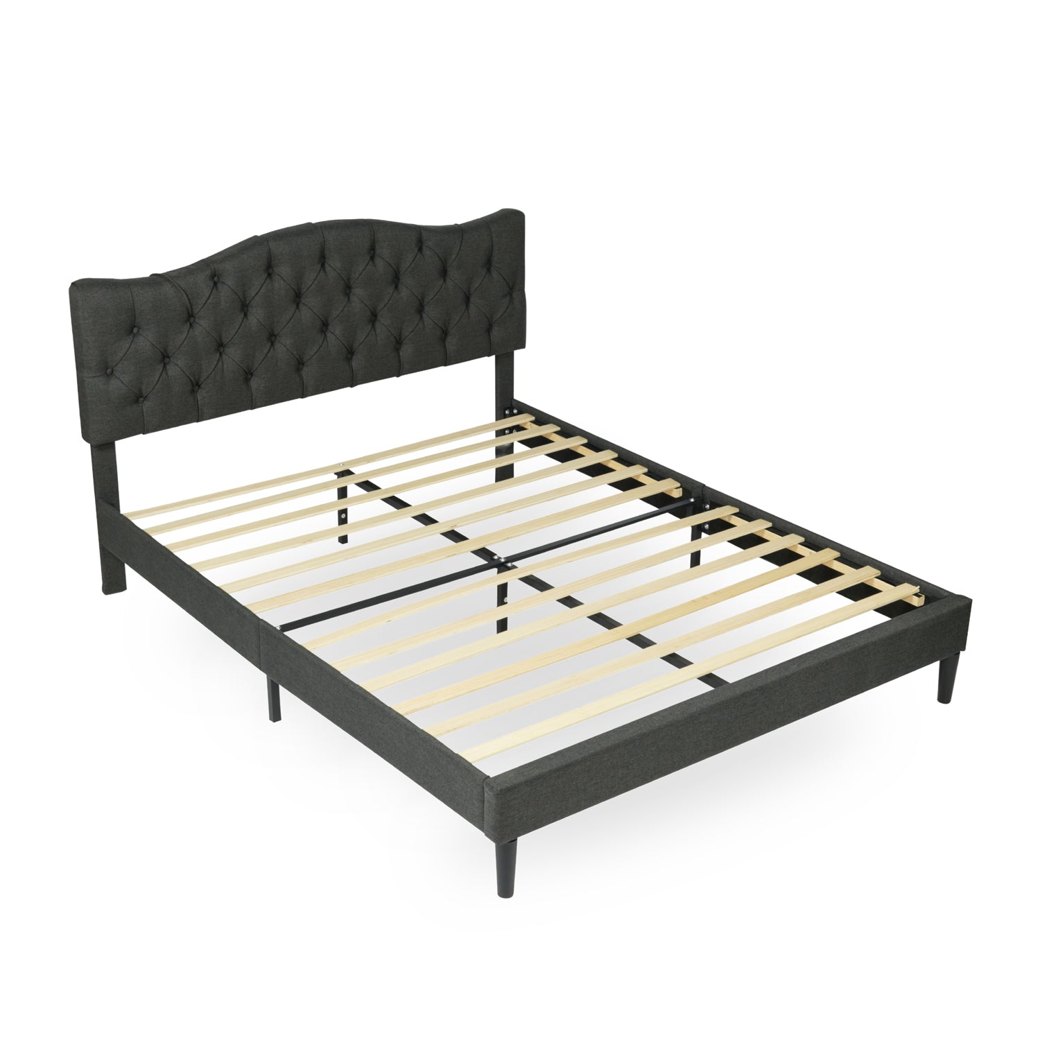 Lit double (140 x 190cm) avec tête de lit capitonnée en tissu gris,sommier à lattes en peuplier (matelas non inclus) - LEON 140 GREY