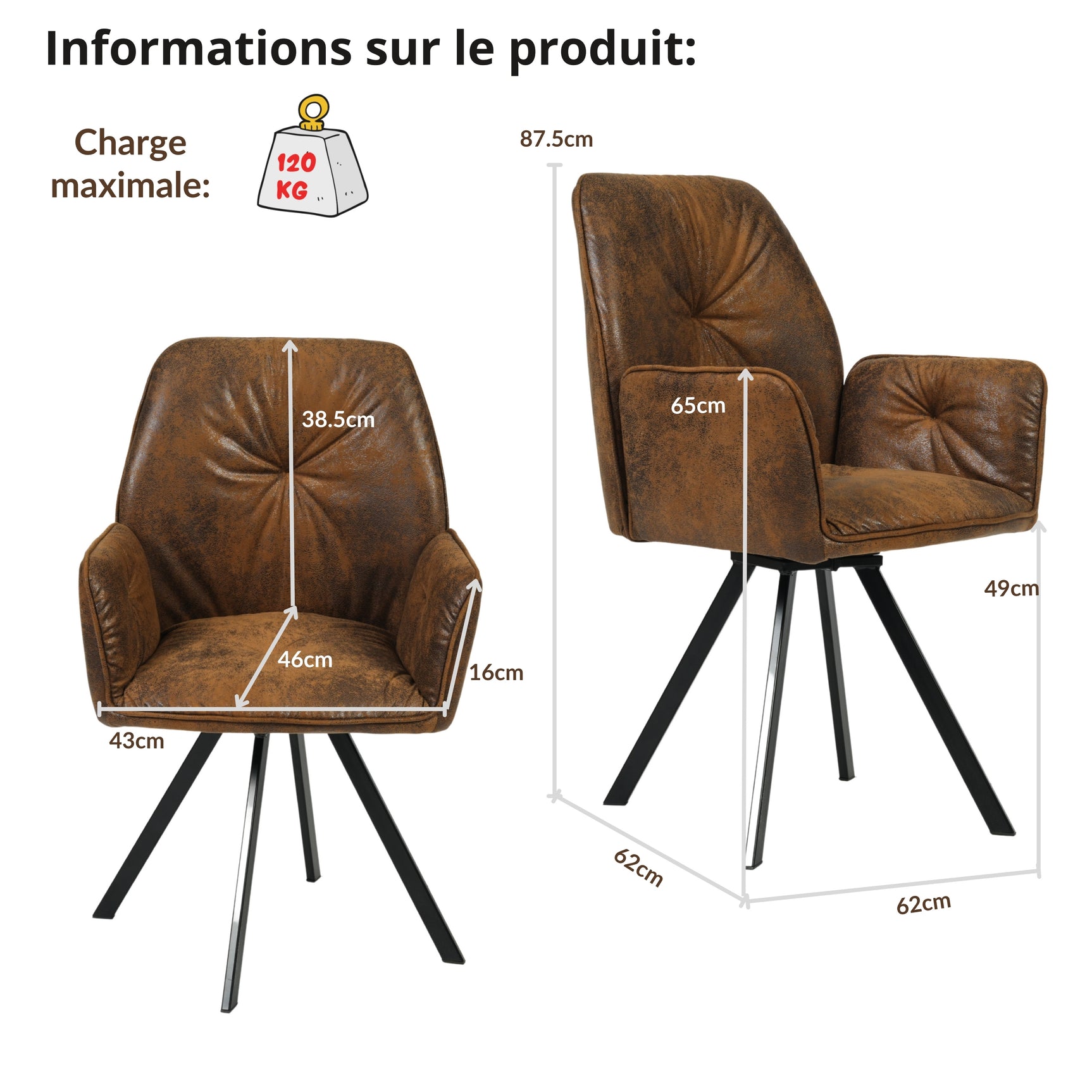 Lot de 6 chaises de salle à manger confortables en suédine avec accoudoirs - CALF SUEDE BROWN 6PCS