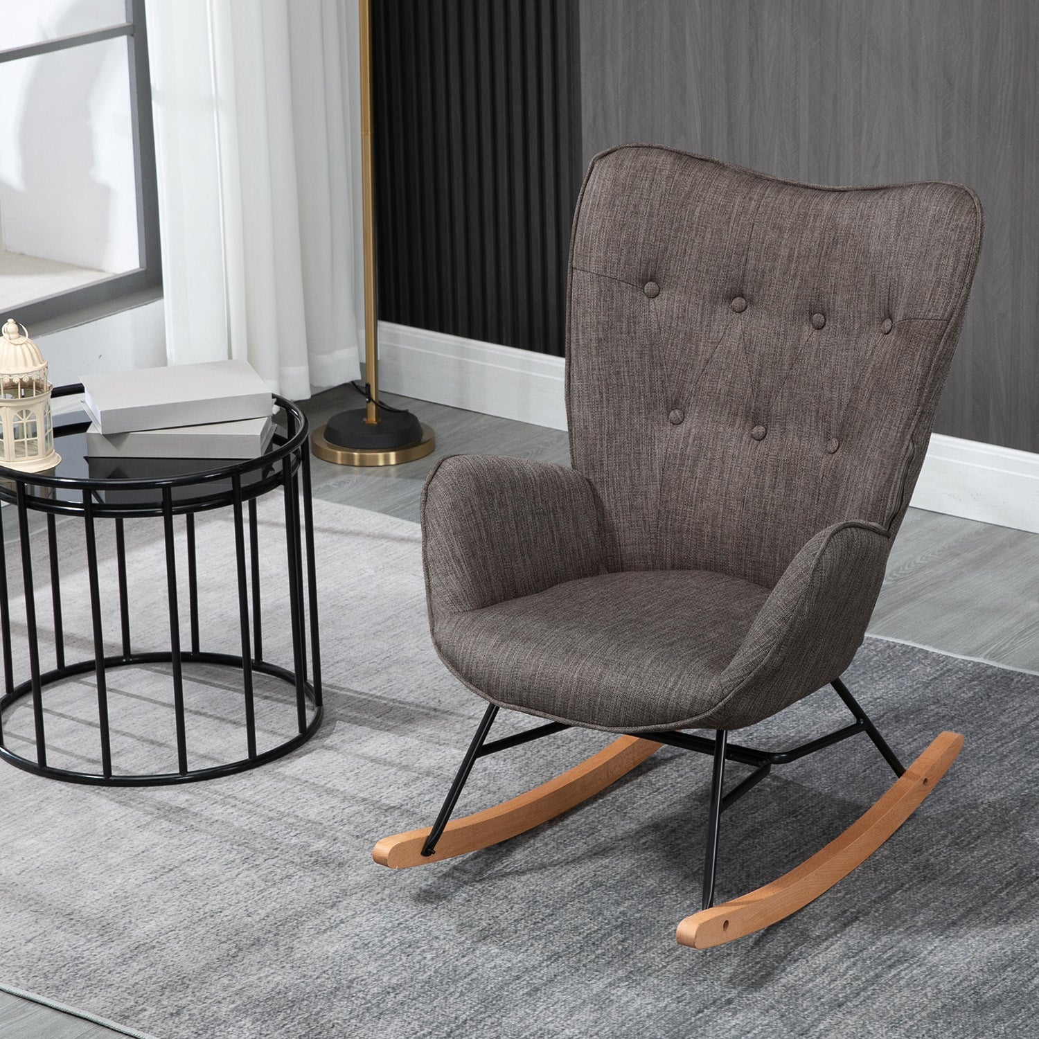 Fauteuil à bascule allaitement scandinave avec accoudoirs en tissu gris foncé capitonné - EPPING