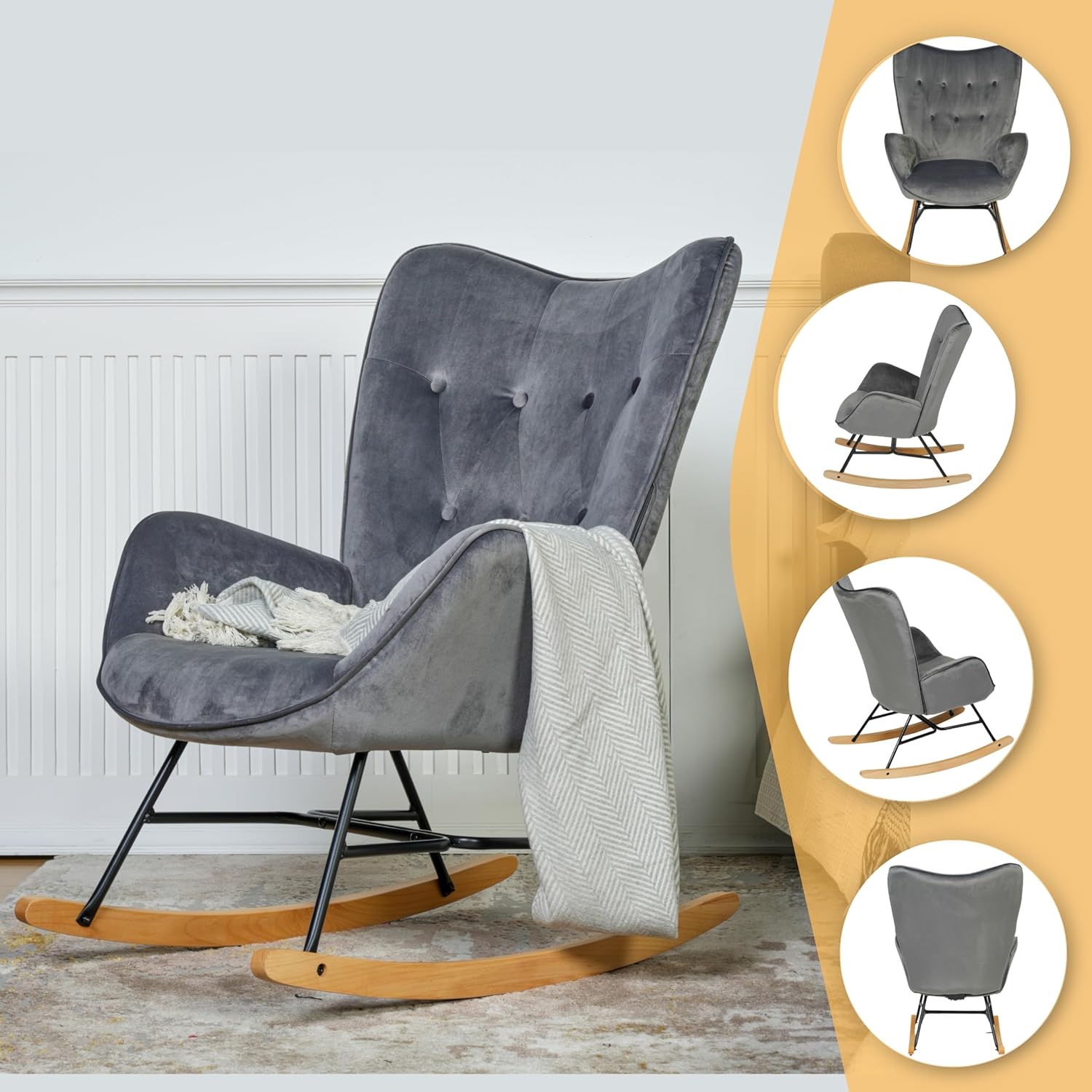 Scandinavian breastfeeding armchair with padded gray velvet armrests - Epping