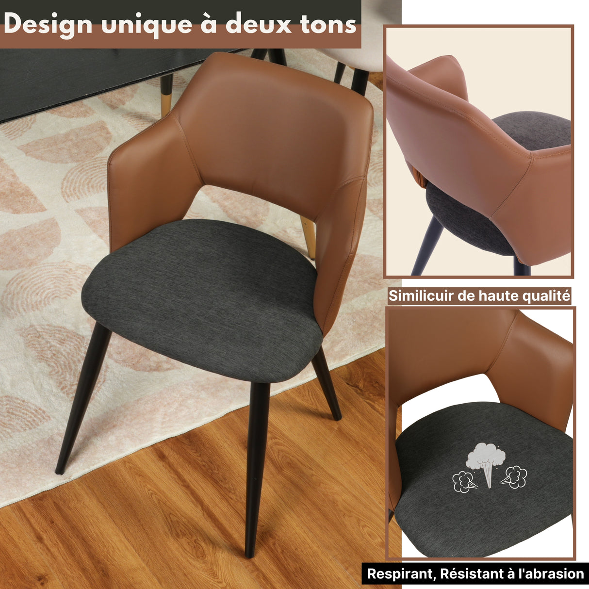 Lot de 2 chaises industrielles de salle à manger avec accoudoirs, siège rembourré en similicuir PU marron et tissu gris, AKANJI 2PCS PU BACK