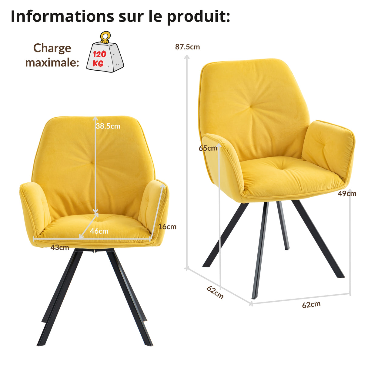 Lot de 2 chaises de salle à manger confortables en tissu jaune avec accoudoirs - CALF YELLOW