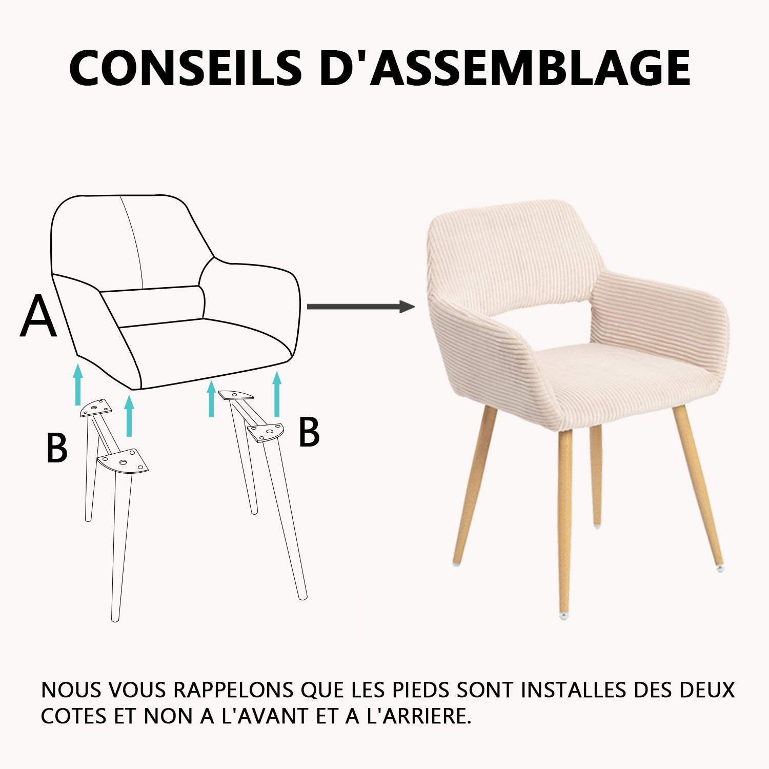 Lot de 6 fauteuils de salle à manger scandinaves avec accoudoirs en velours côtelé beige - CROMWELL CORDUROY