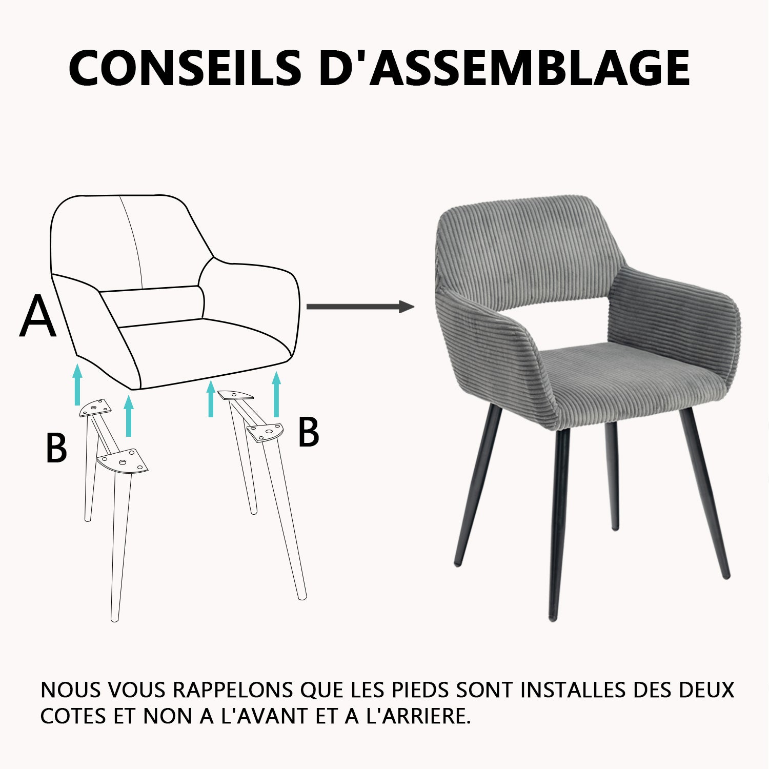 Lot de 4 fauteuils de salle à manger scandinaves avec accoudoirs en velours côtelé gris - CROMWELL CORDUROY