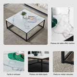 Contemporary style square coffee table, marble effect wooden tray, black metal structure - facto