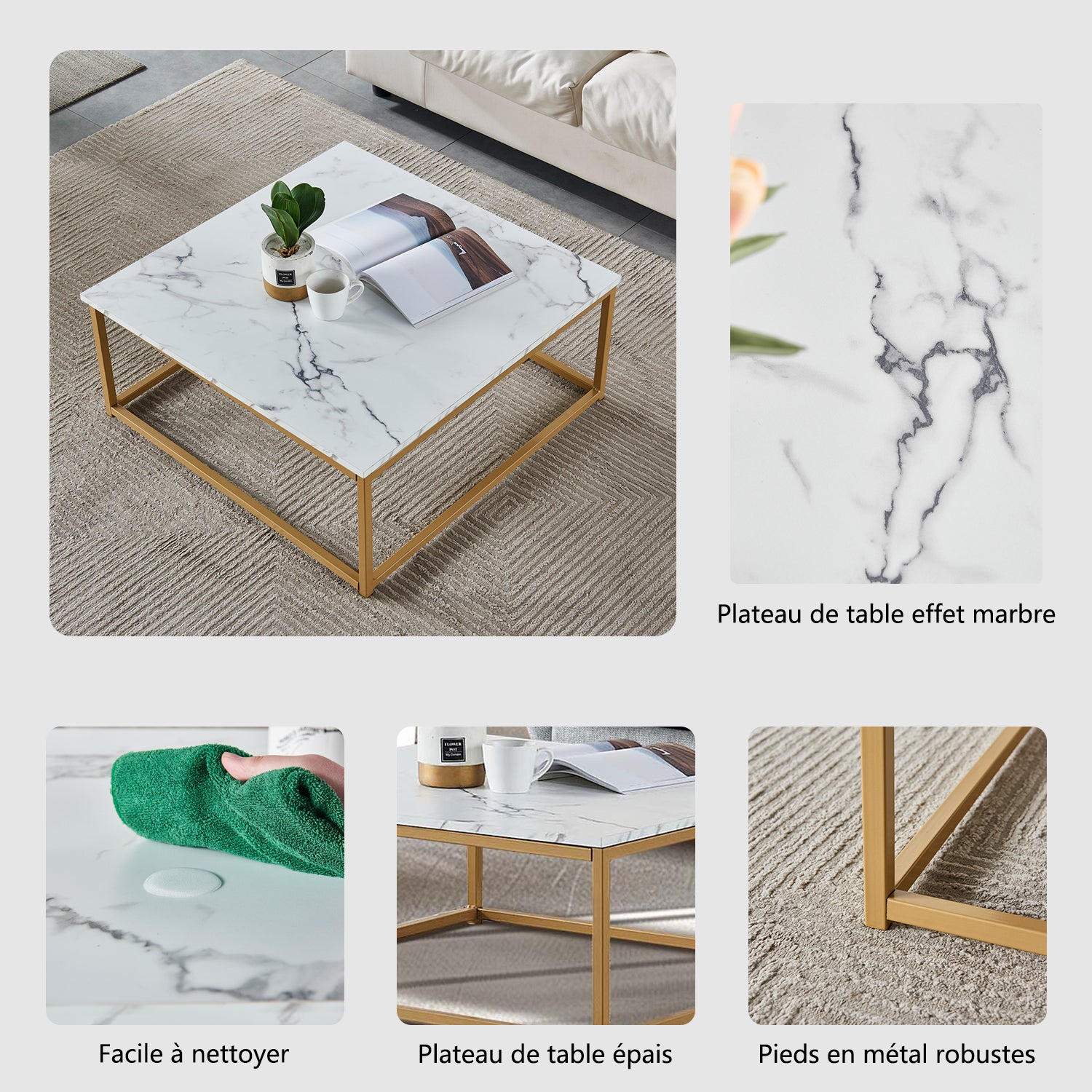 Contemporary style square coffee table, marble effect wooden tray, gold metal structure - facto