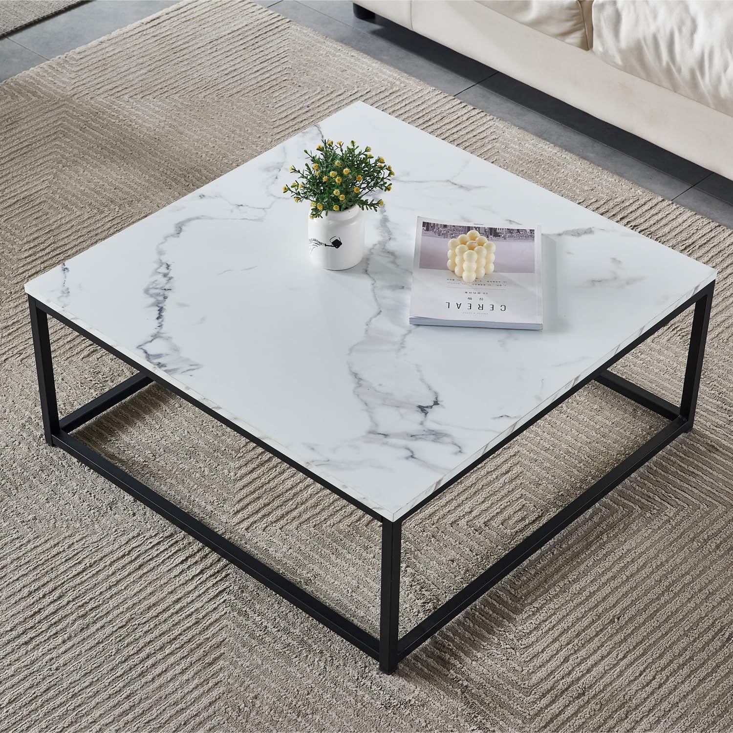 Contemporary style square coffee table, marble effect wooden tray, black metal structure - facto