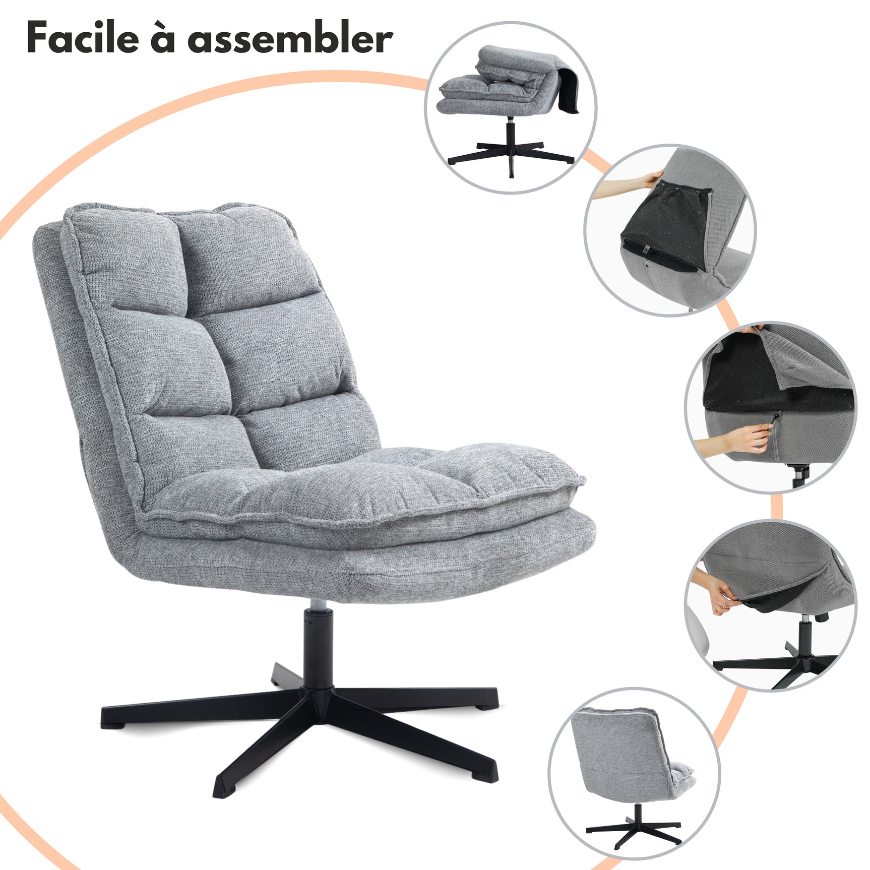 Sillón de ocio plegable sin reposabrazos de tela gris, giratorio 360° - AESTON