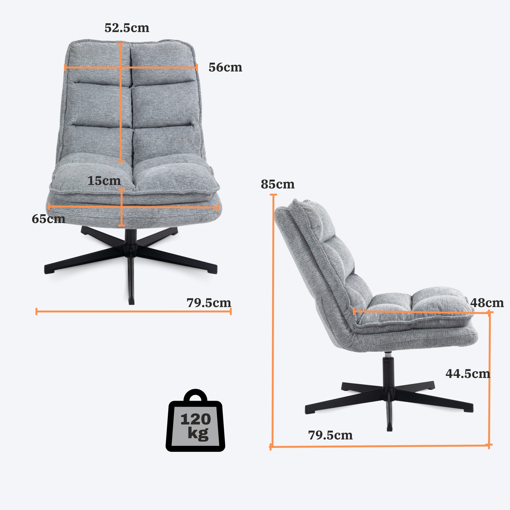 Foldable leisure armchair without armrests in gray fabric, 360° swivel - AESTON