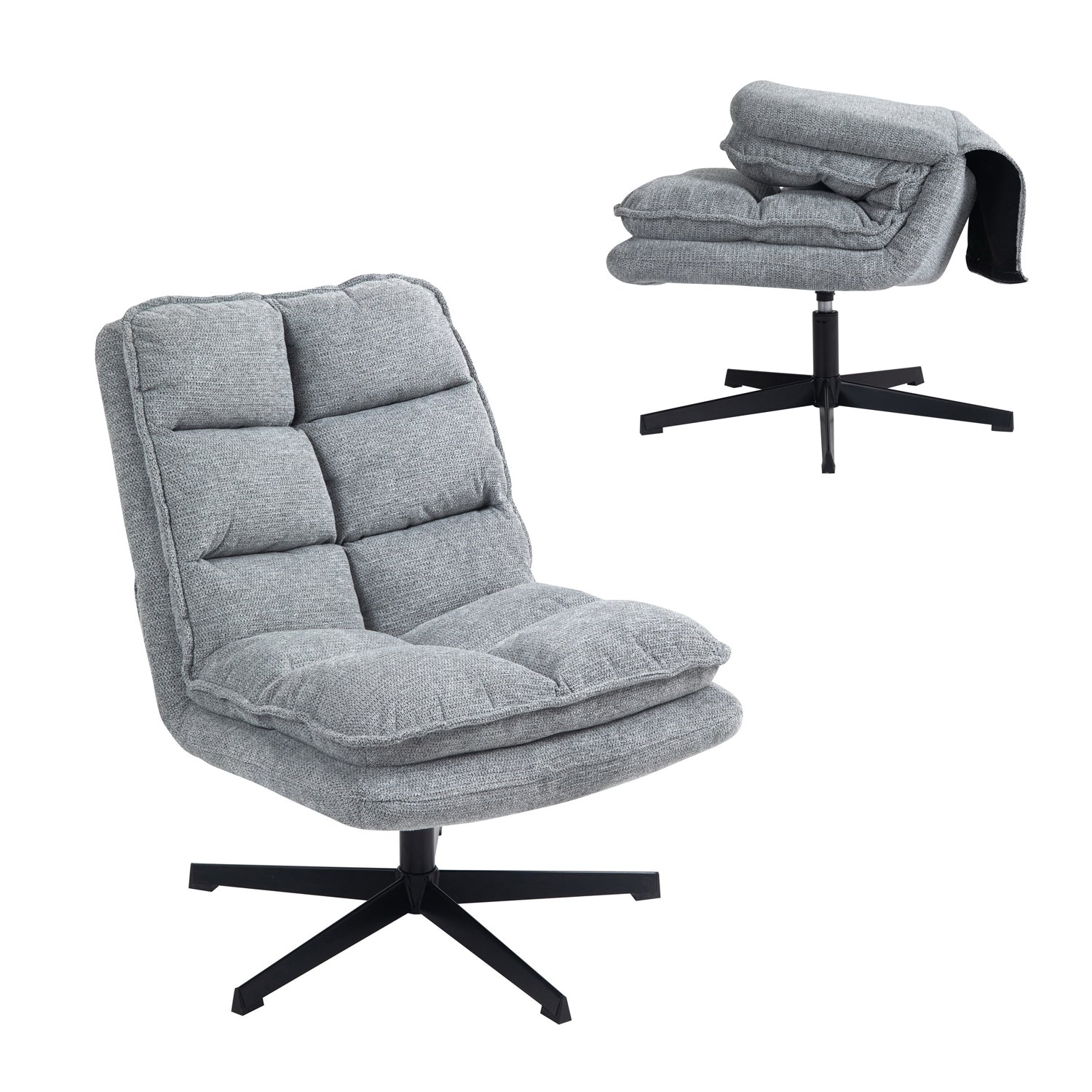 Foldable leisure armchair without armrests in gray fabric, 360° swivel - AESTON