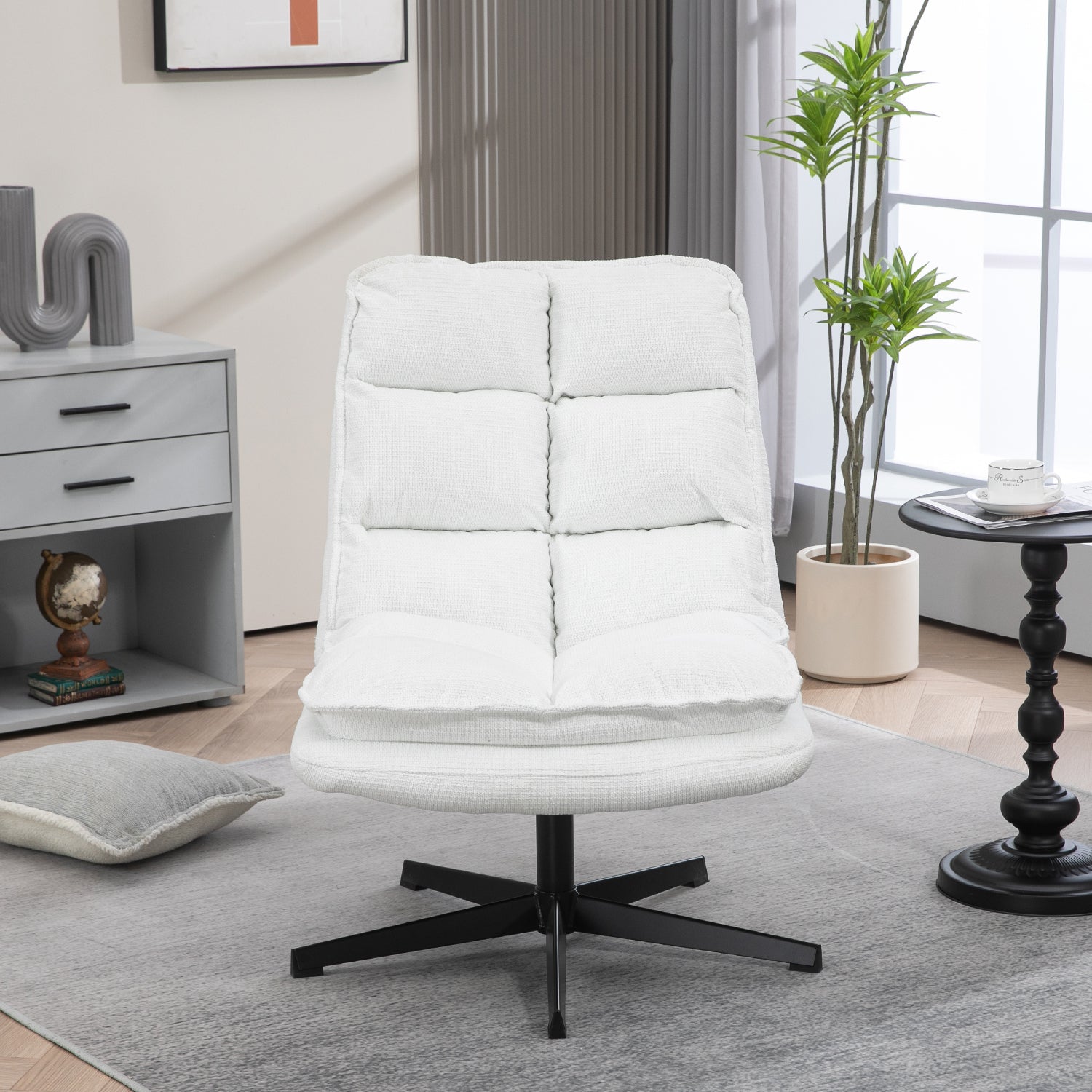 Sillón de ocio plegable sin reposabrazos de tela blanca, giratorio 360° - AESTON