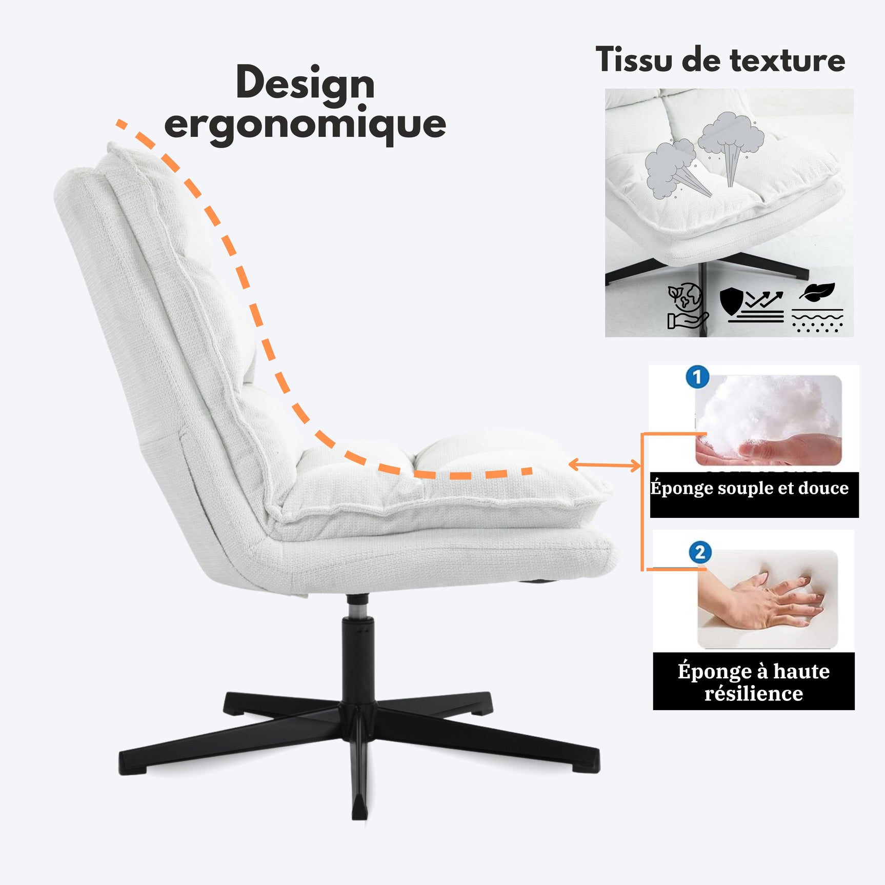 Fauteuil de loisirs pliable sans accoudoirs en tissu blanc pivotant à 360° - AESTON