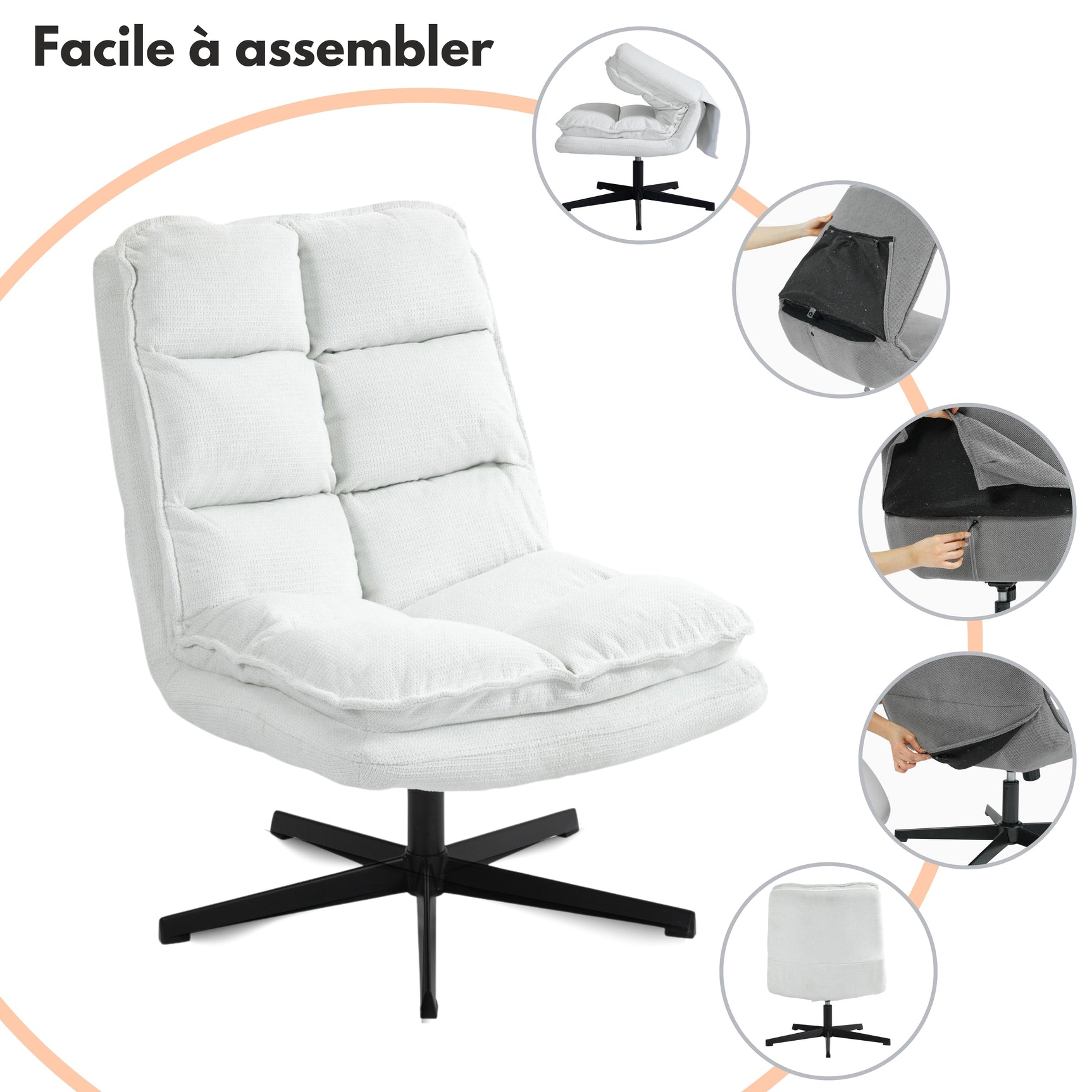 Foldable leisure armchair without armrests in white fabric, 360° swivel - AESTON